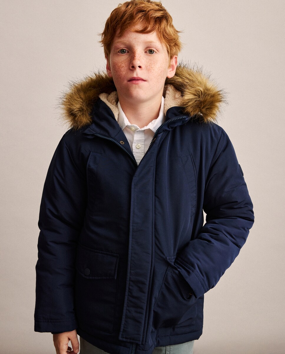 Parka com Bolsos, Capuz com Pelo e Interior de Pelo de Borrego Azul-marinho-2