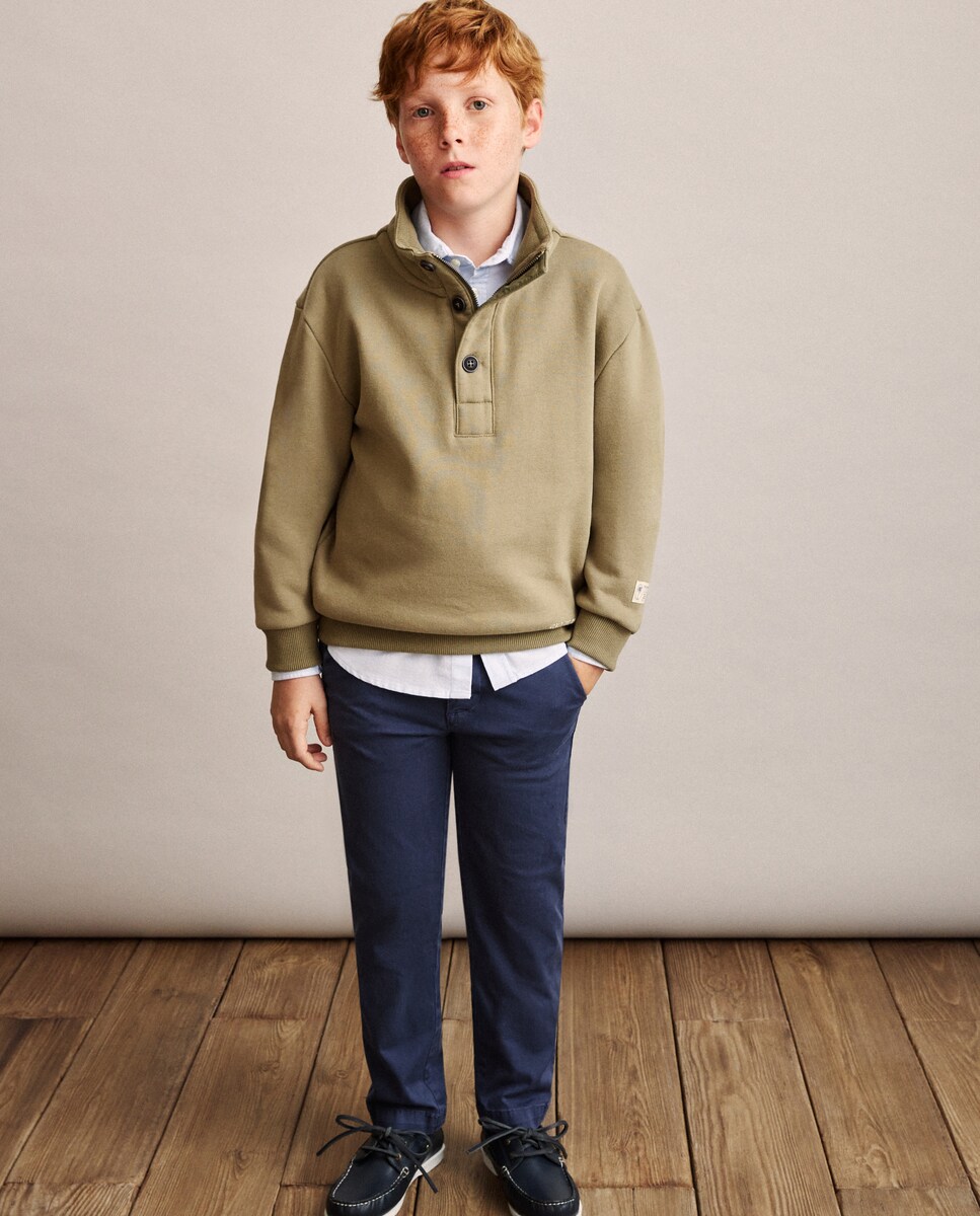 Sweatshirt Tipo Polo com Botões e Fecho de Correr 520 Caqui-3