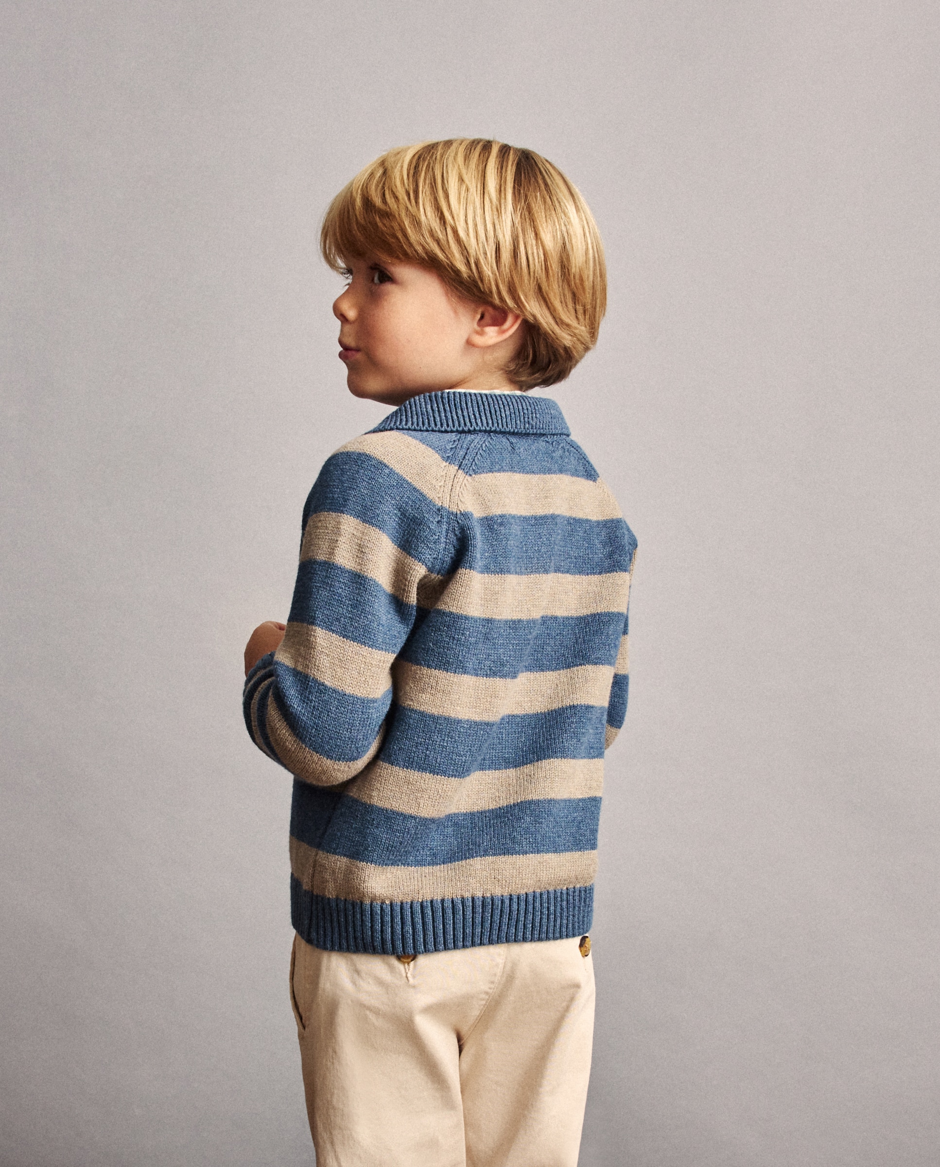 Camisola de Malha às Riscas com Colarinho de Polo e Bordado de Teckel Azul-3
