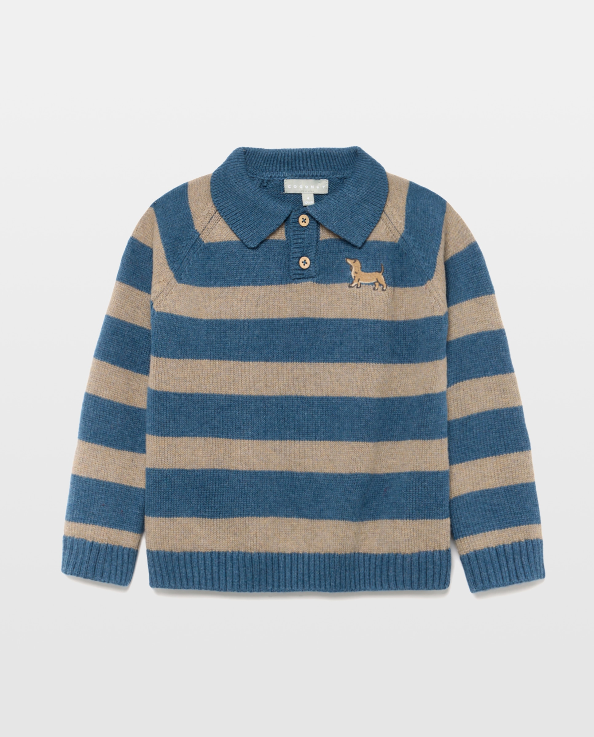 Camisola de Malha às Riscas com Colarinho de Polo e Bordado de Teckel Azul-4