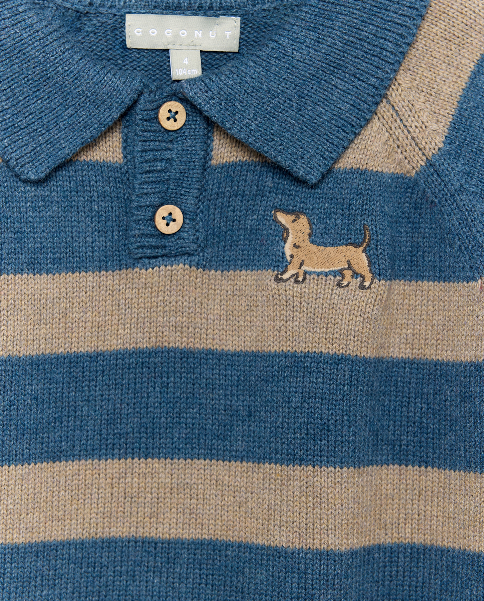 Camisola de Malha às Riscas com Colarinho de Polo e Bordado de Teckel Azul-5