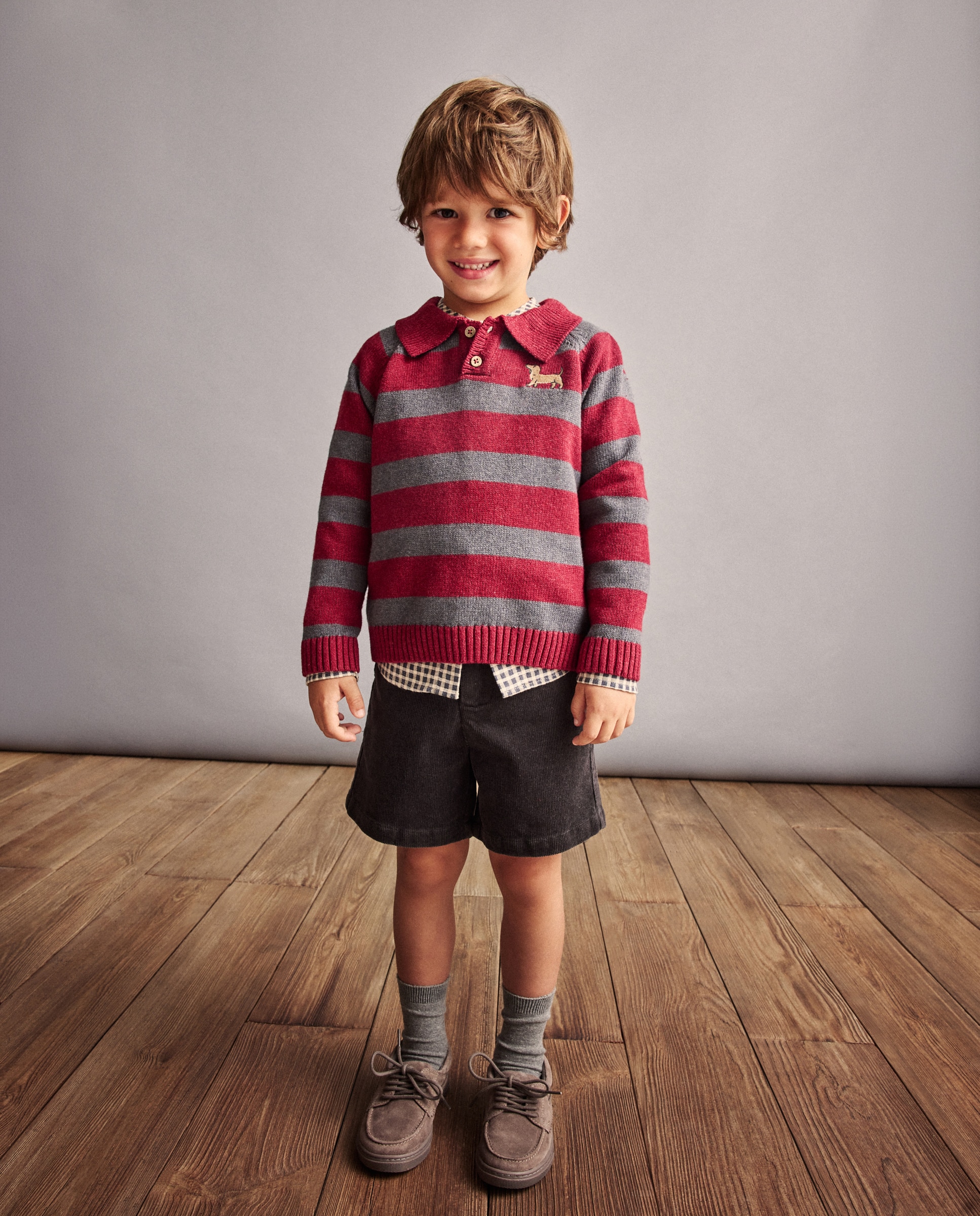 Camisola de Malha às Riscas com Colarinho de Polo e Bordado de Teckel Vermelho-2