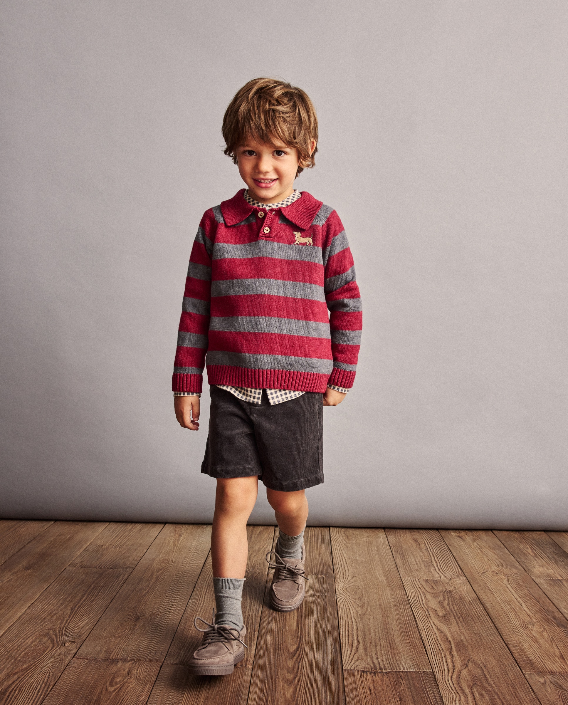 Camisola de Malha às Riscas com Colarinho de Polo e Bordado de Teckel Vermelho-3