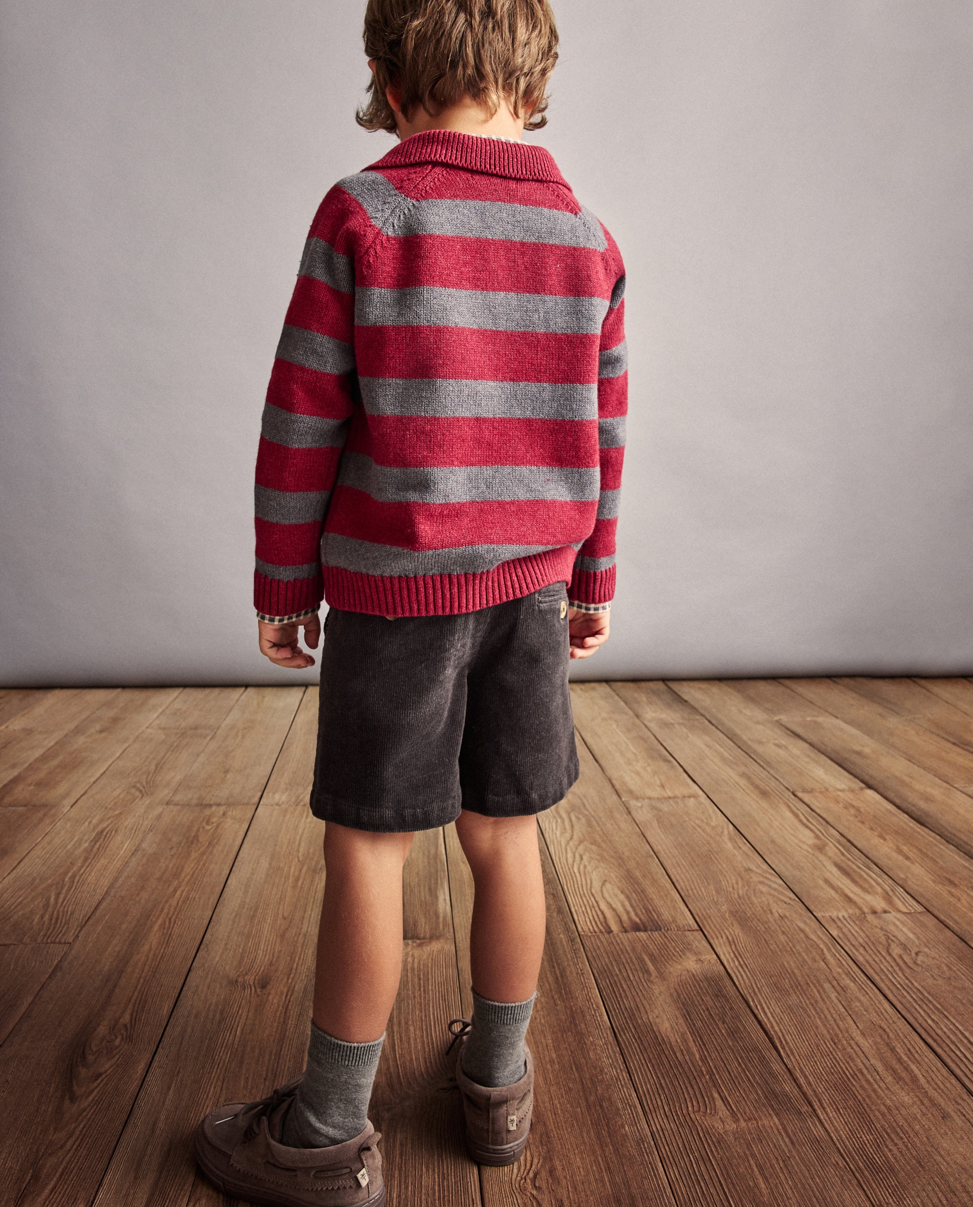 Camisola de Malha às Riscas com Colarinho de Polo e Bordado de Teckel Vermelho-4