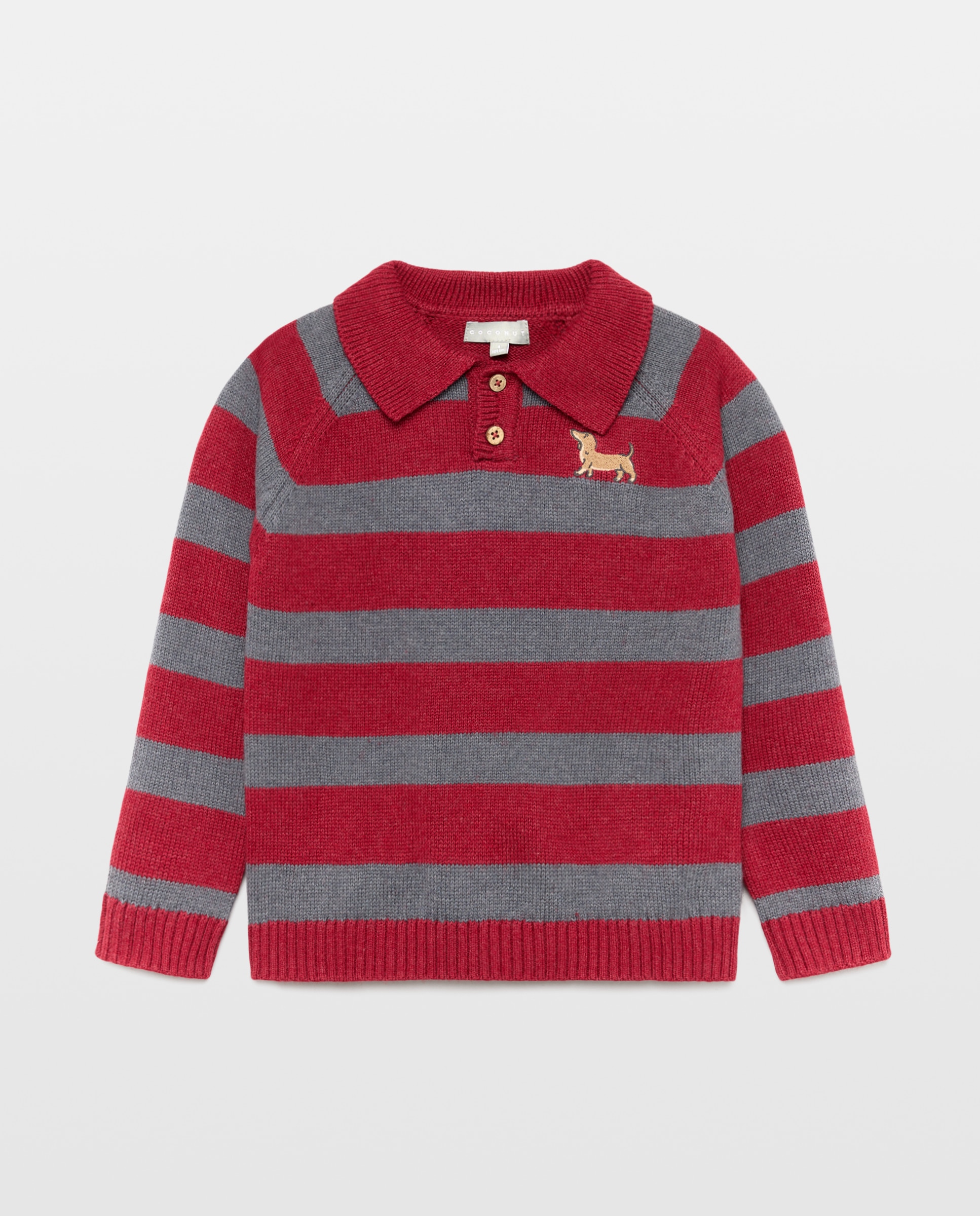 Camisola de Malha às Riscas com Colarinho de Polo e Bordado de Teckel Vermelho-5