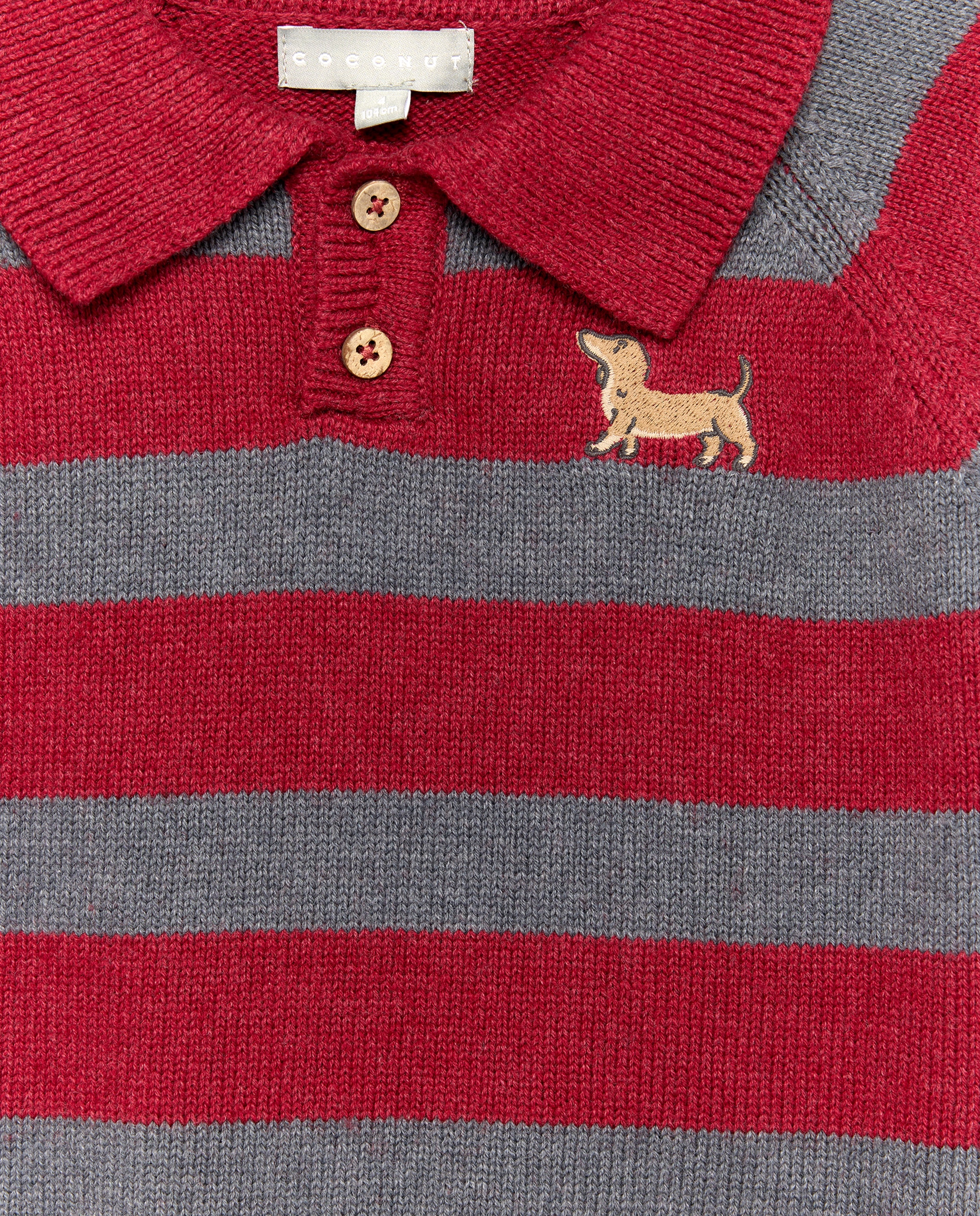 Camisola de Malha às Riscas com Colarinho de Polo e Bordado de Teckel Vermelho-6
