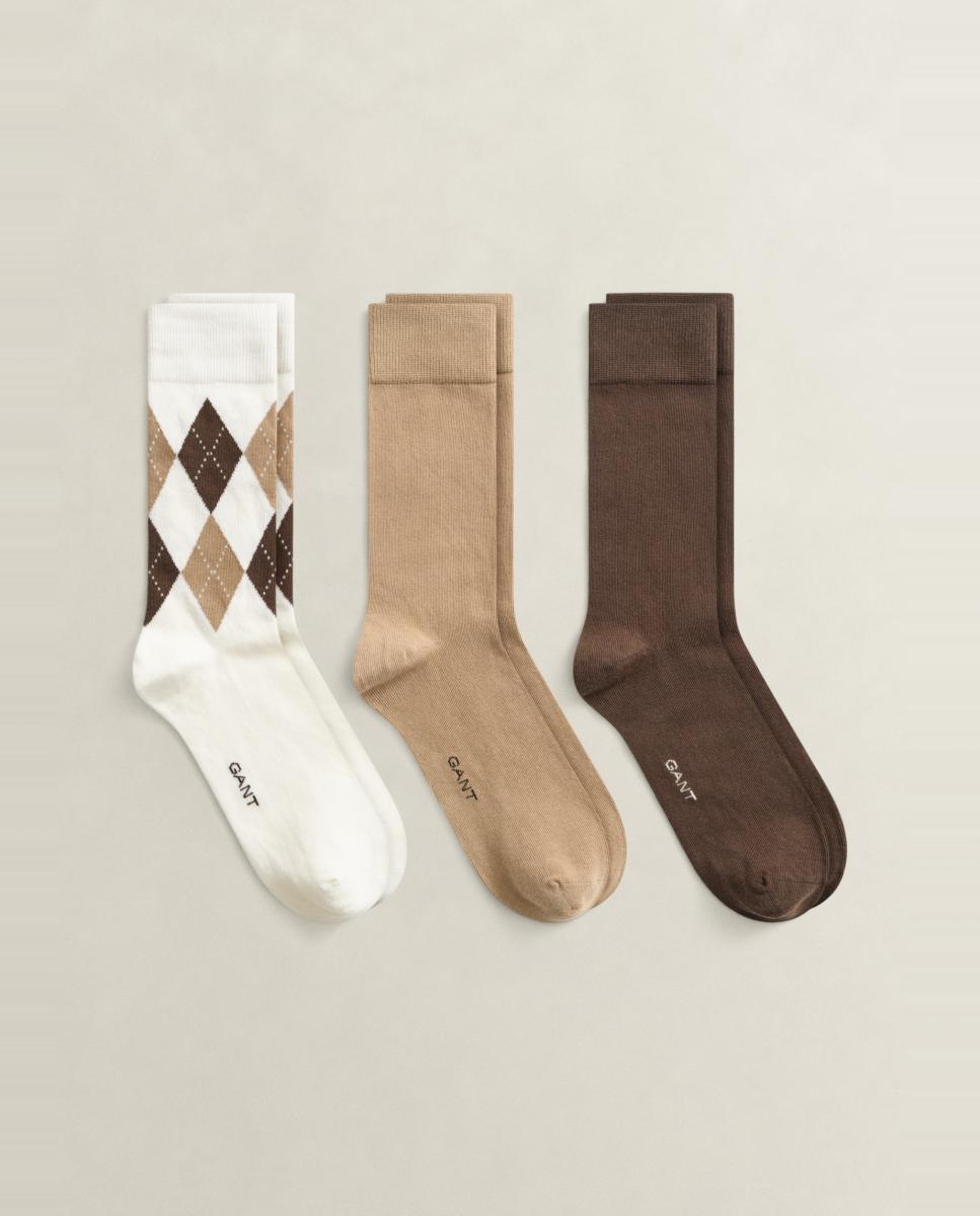 Imagen 0 de Pack de tres calcetines de hombre en algodón peinado con un diseño de rombos y liso Beige