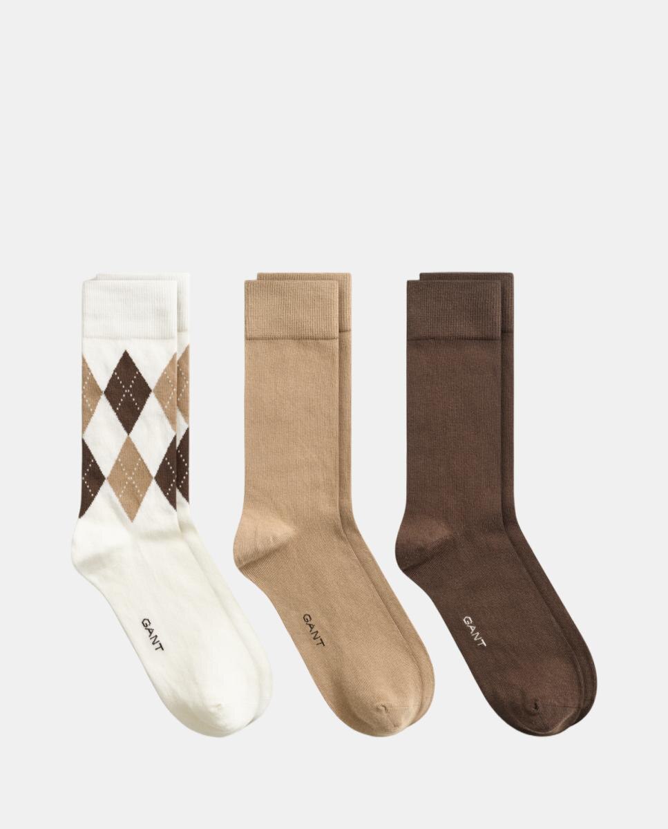 Pack de tres calcetines de hombre en algodón peinado con un diseño de rombos y liso - Gant - Beige Beige-2