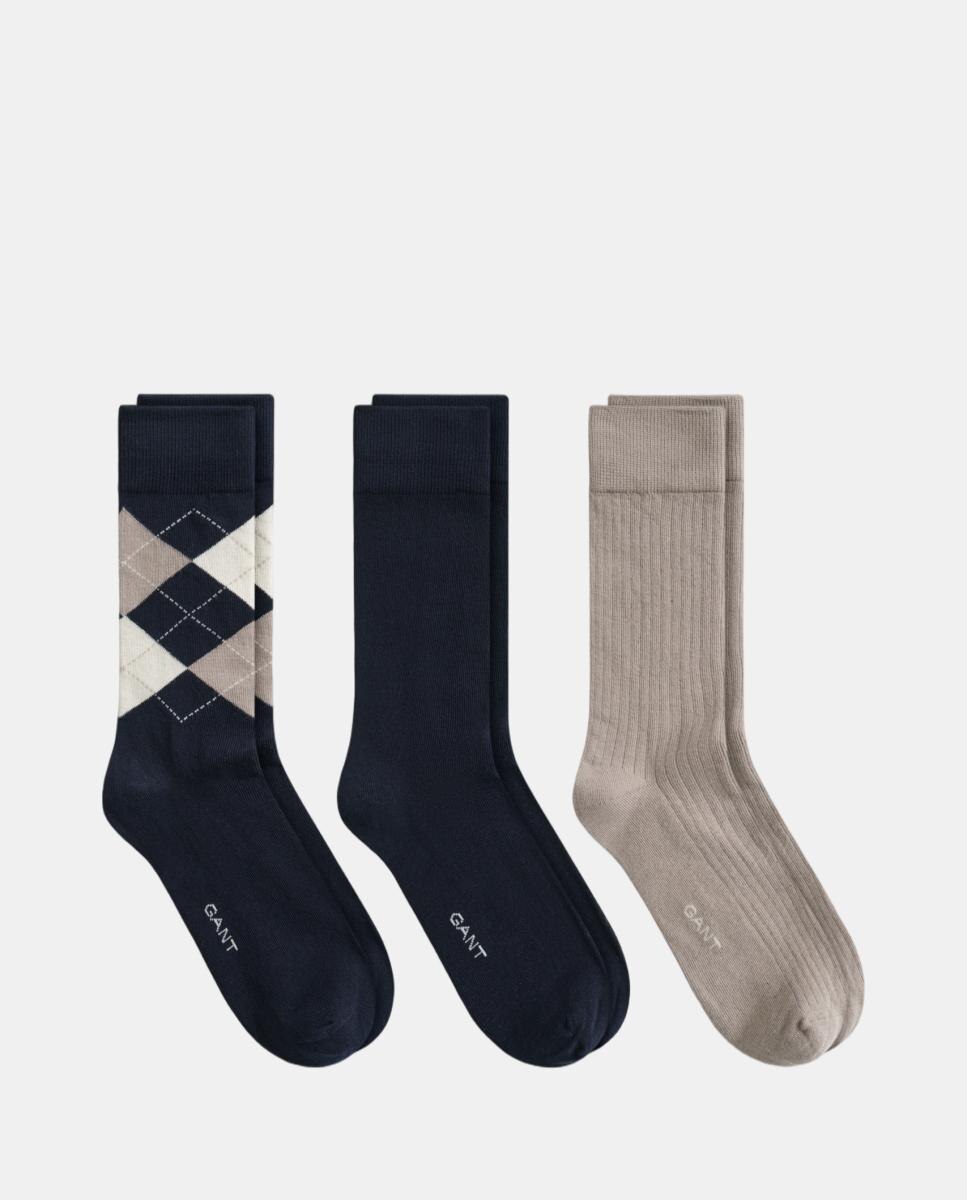 Pack de tres calcetines de hombre en algodón peinado con un diseño de rombos y liso - Gant - Azul Azul-2