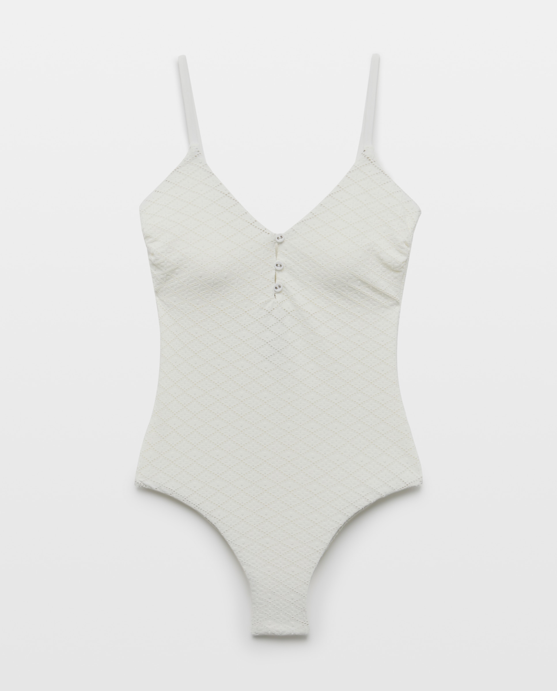 Fato de Banho com Decote em Bico Bordado e Detalhe de Botões Branco-marfim-4