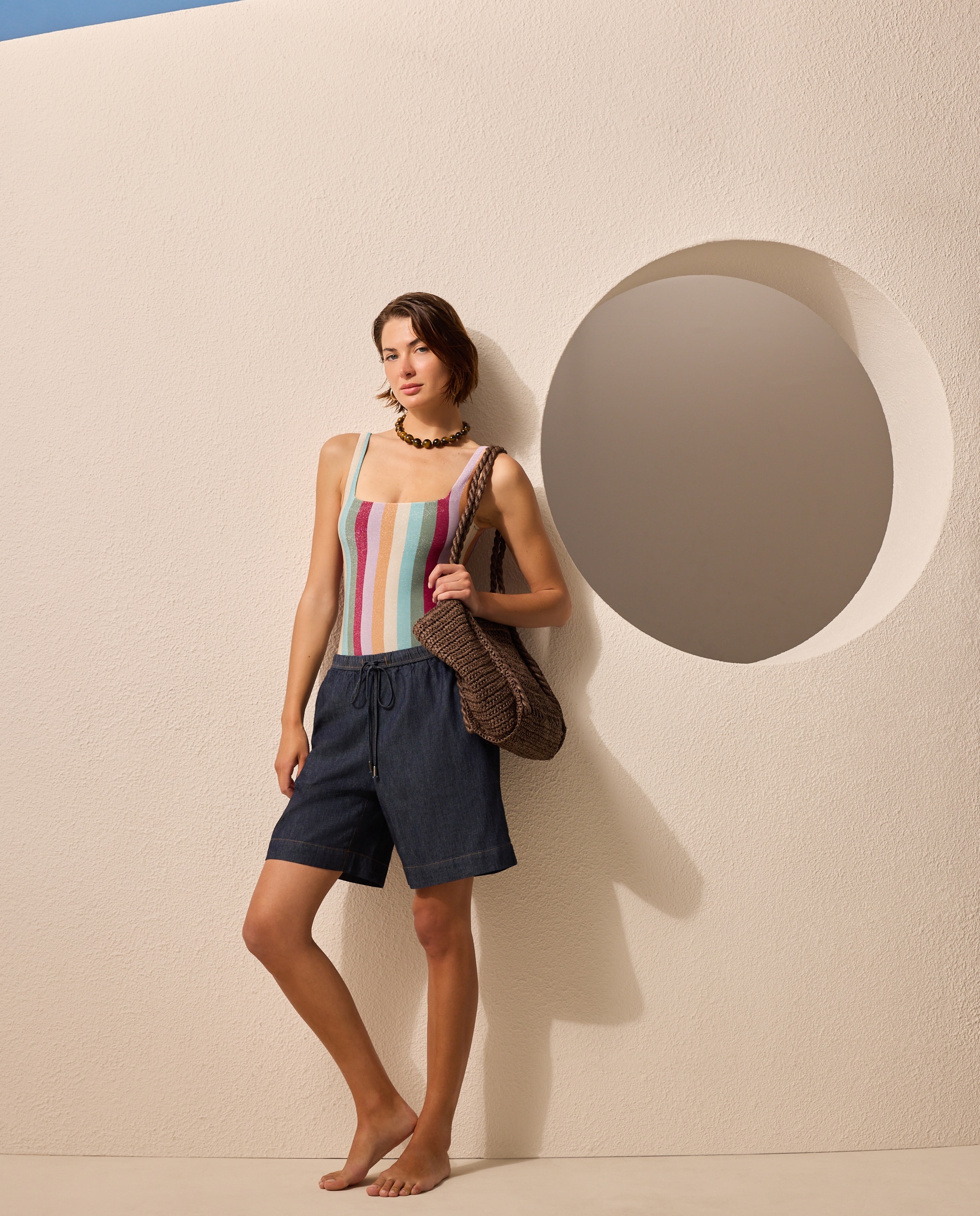 Fato de Banho em Fio Metalizado e Estampado às Riscas Multicolor Multicolor-2