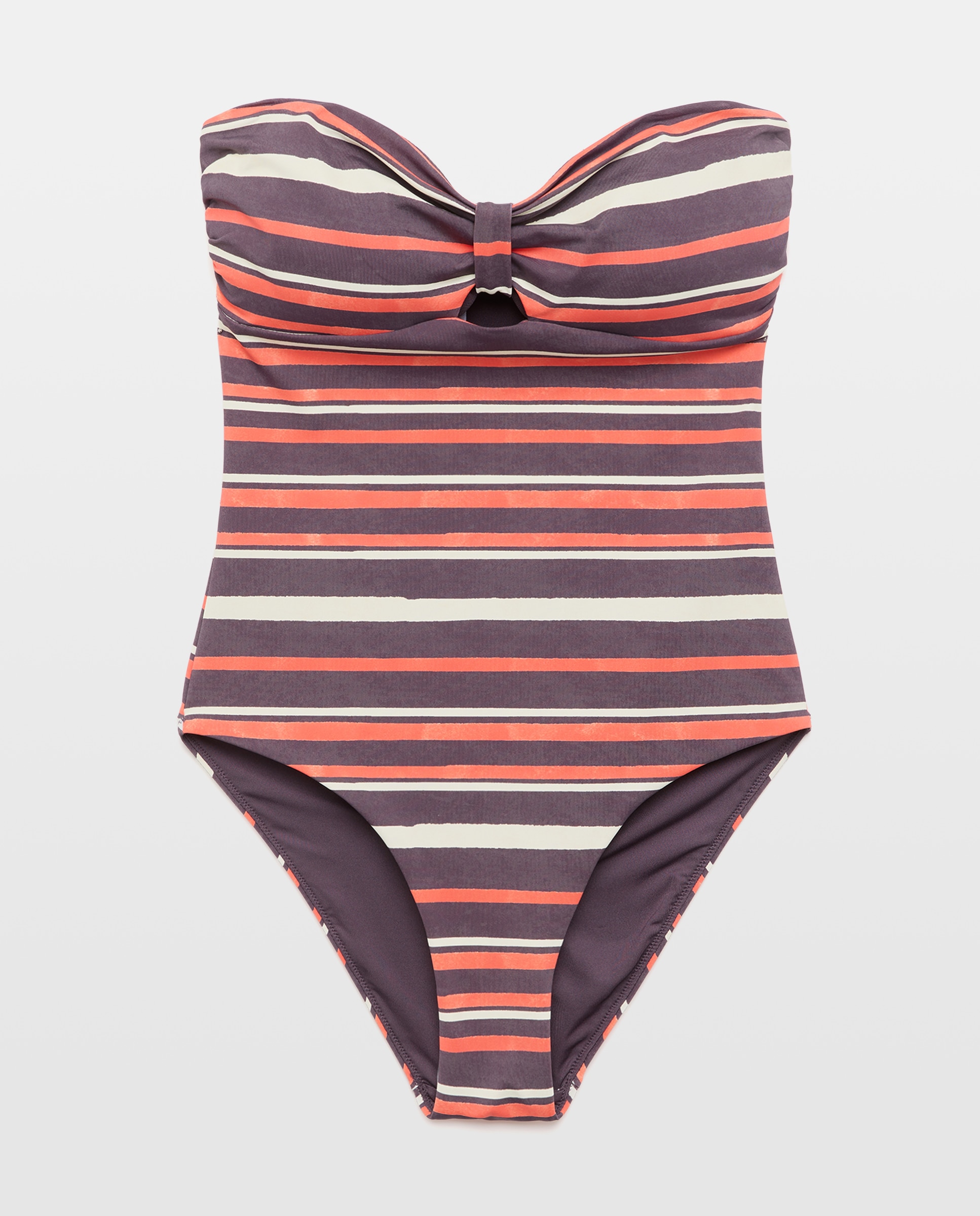 Fato de Banho Bandeau com Estampado às Riscas e Detalhe Castanho-4