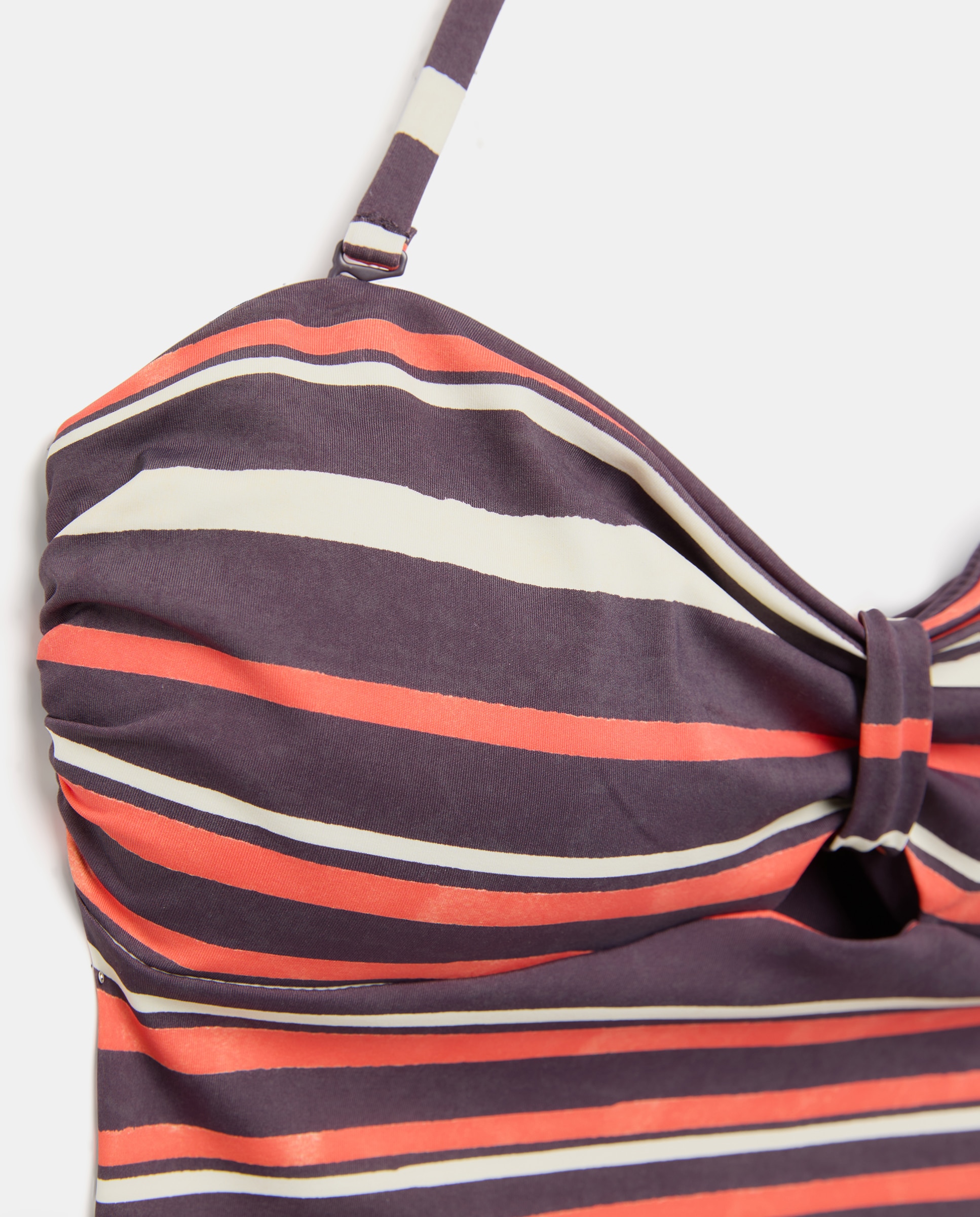 Fato de Banho Bandeau com Estampado às Riscas e Detalhe Castanho-5