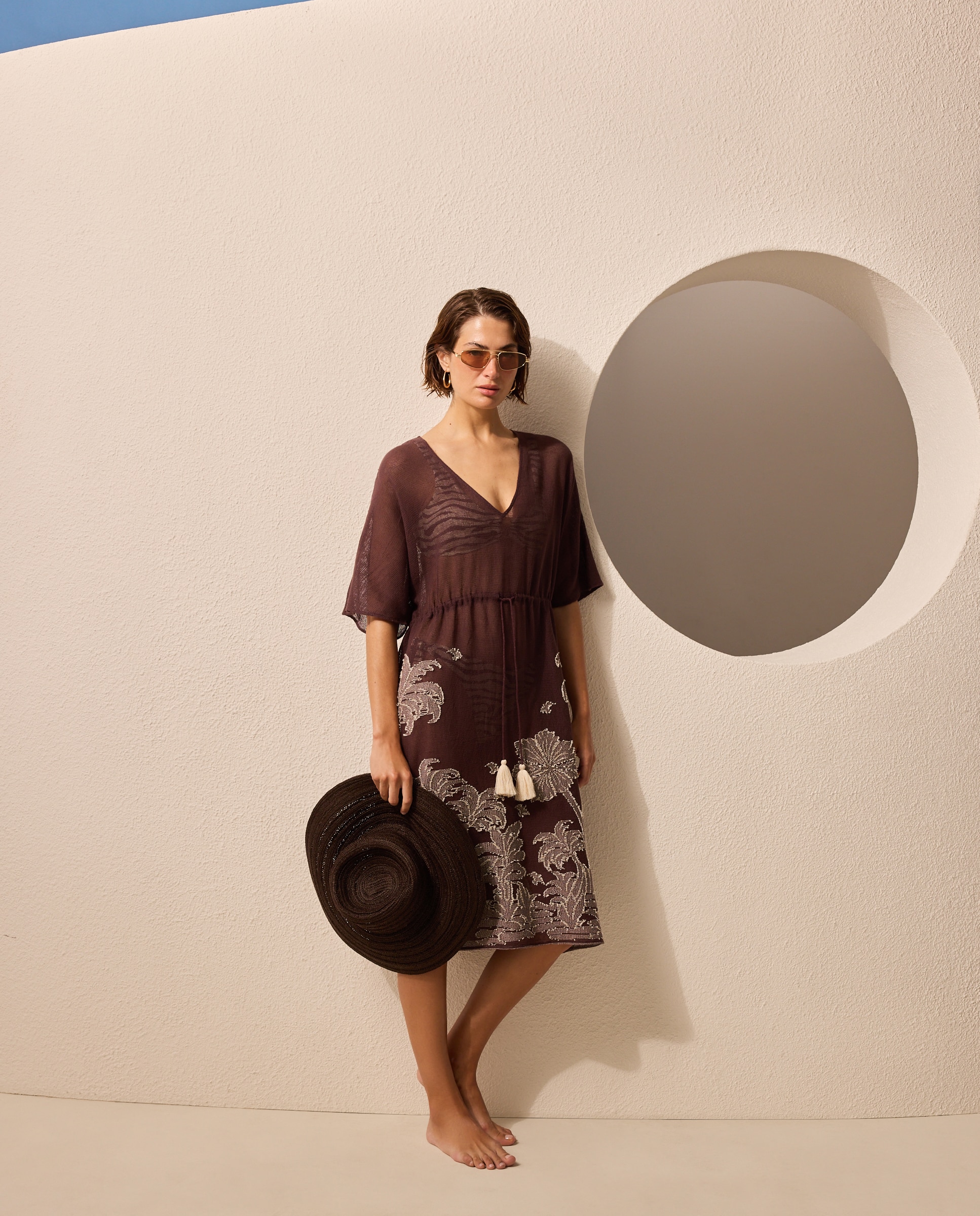 Kaftan Bordado com Palmeiras Castanho-2