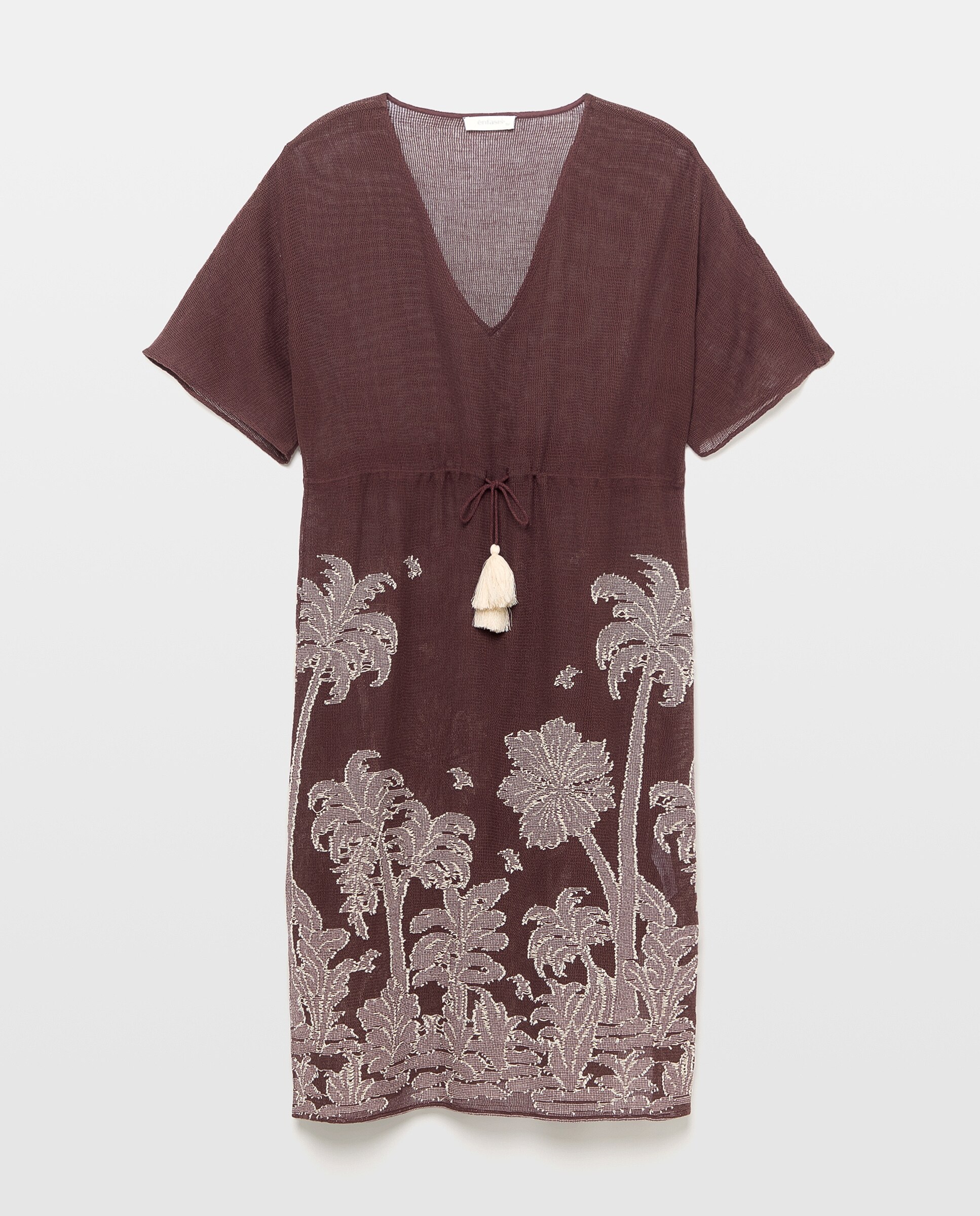 Kaftan Bordado com Palmeiras Castanho-4