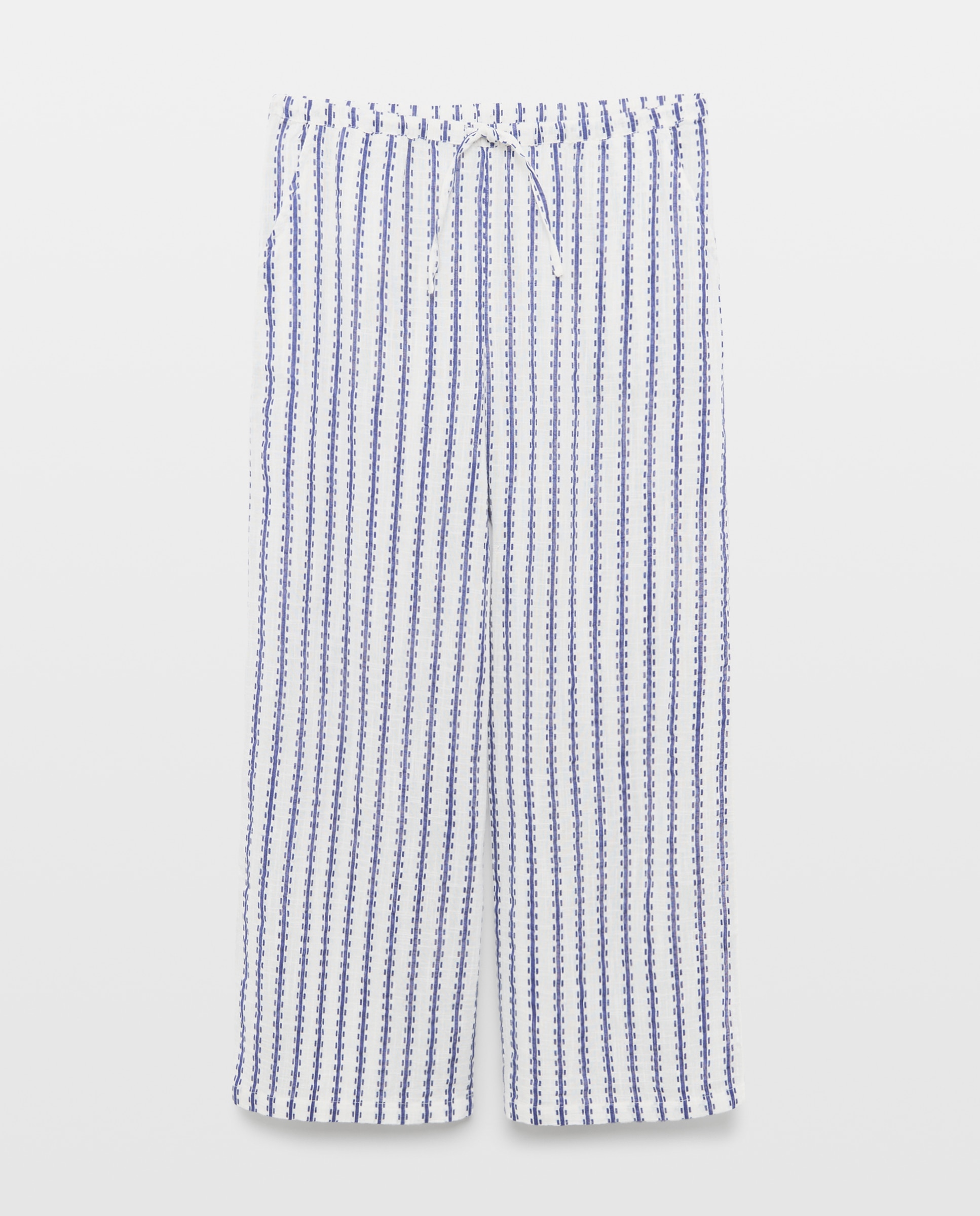 Calças com Estampado às Riscas e Detalhes Bordados Branco-4