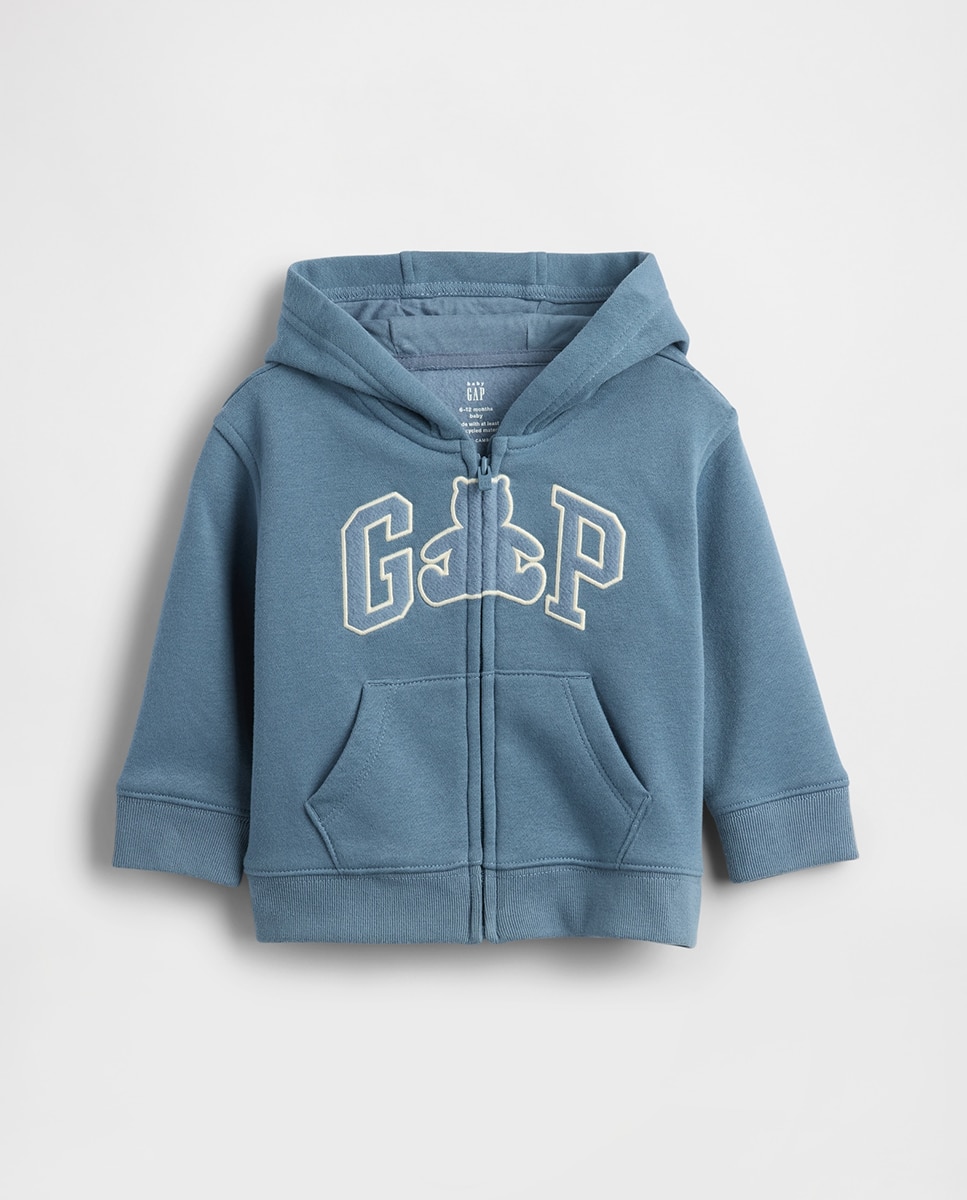 Sweatshirt de Bebé com Fecho de Correr, Logótipo e Capuz com Orelhas de Urso Vintage Suave Azul-1