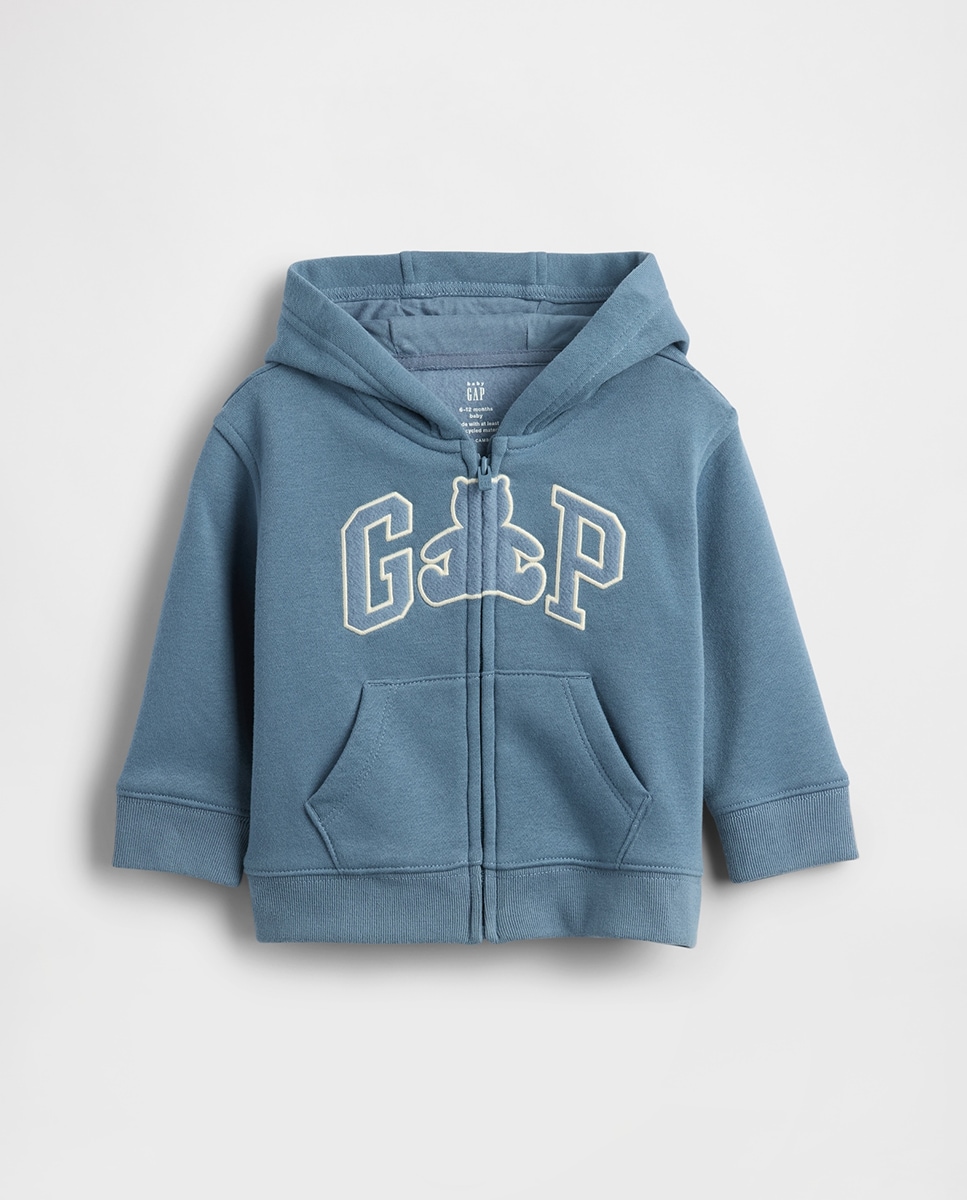 Sweatshirt de Bebé com Fecho de Correr, Logótipo e Capuz com Orelhas de Urso Vintage Suave Azul-1