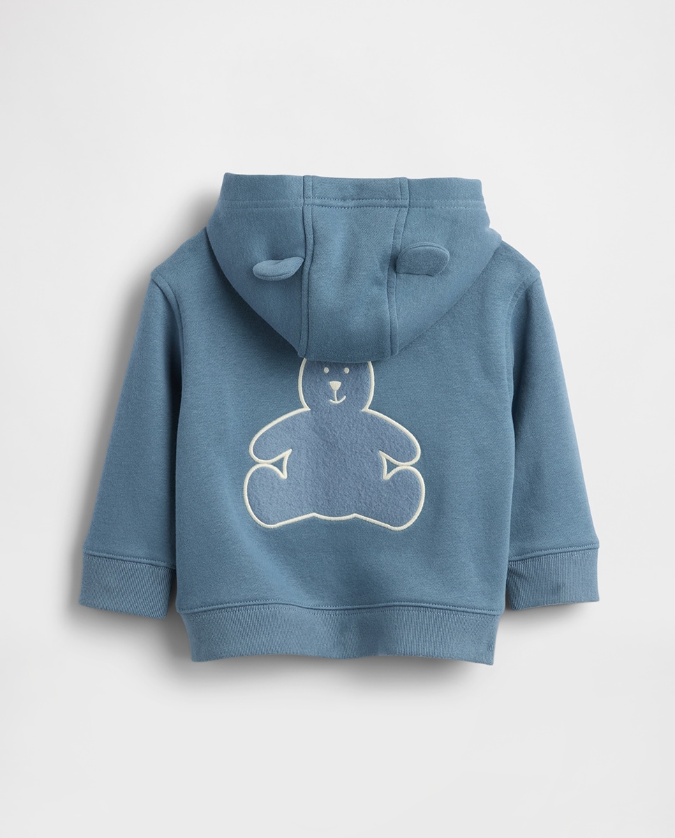 Sweatshirt de Bebé com Fecho de Correr, Logótipo e Capuz com Orelhas de Urso Vintage Suave Azul-2