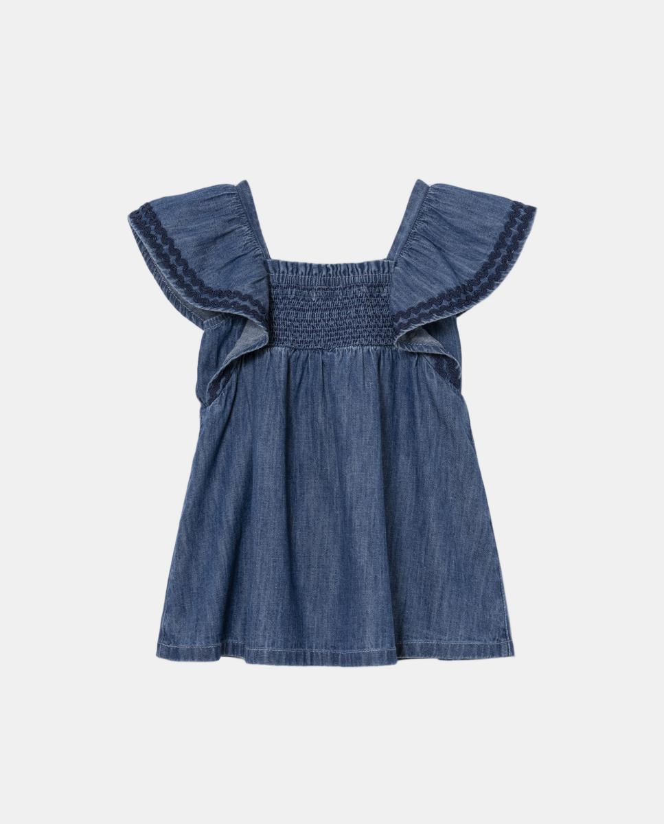 Vestido Curto de Ganga de Bebé com Manga Curta Azul-índigo-2