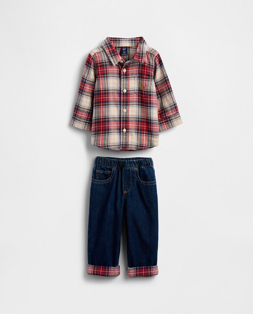 Imagen 0 de Conjunto para bebé de camisa en franela y pantalón denim