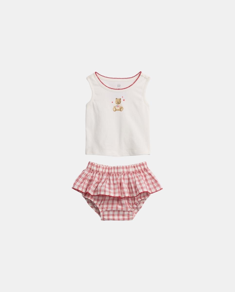Conjunto de Bebé com T-shirt sem Mangas e Saia-Calça aos Quadrados Vermelho-1