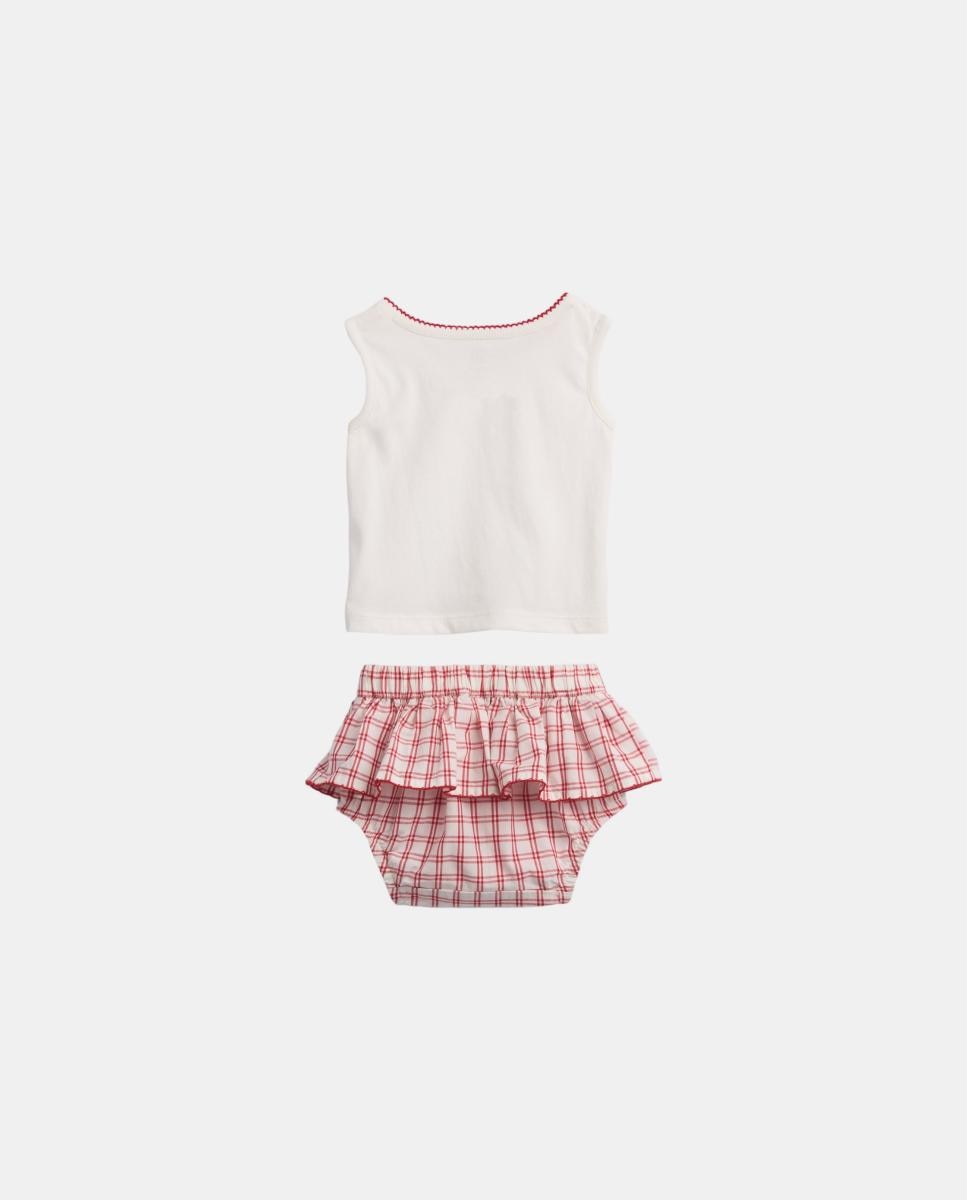 Conjunto de Bebé com T-shirt sem Mangas e Saia-Calça aos Quadrados Vermelho-2