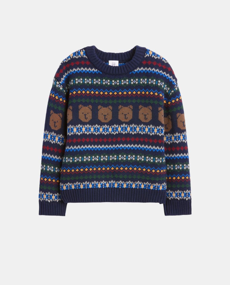 Camisola de Malha de Bebé com Decote Redondo e Estampado Fair Isle Azul-2