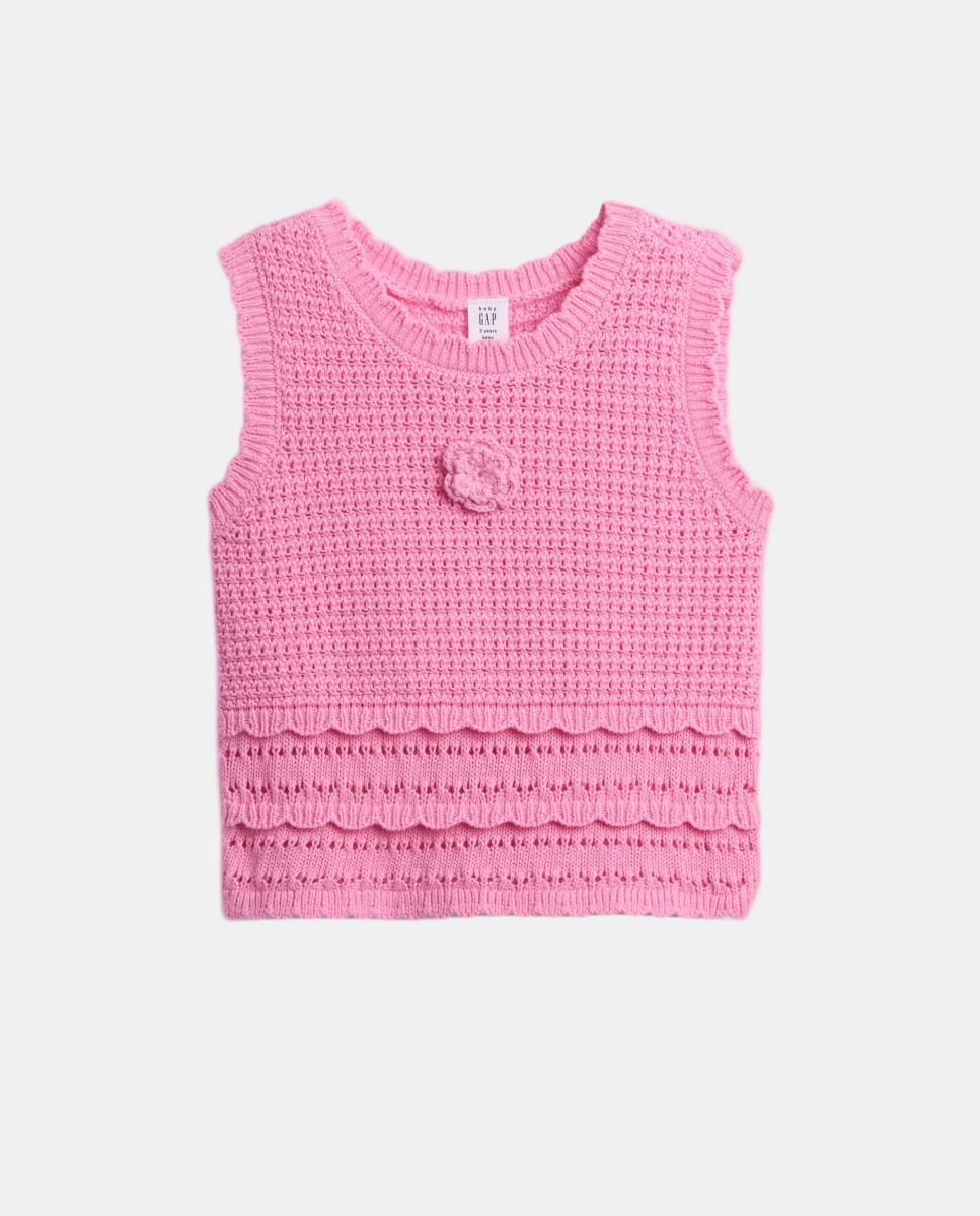 T-shirt de Bebé sem Mangas em Tecido de Tricot com Decote Redondo Rosa-1