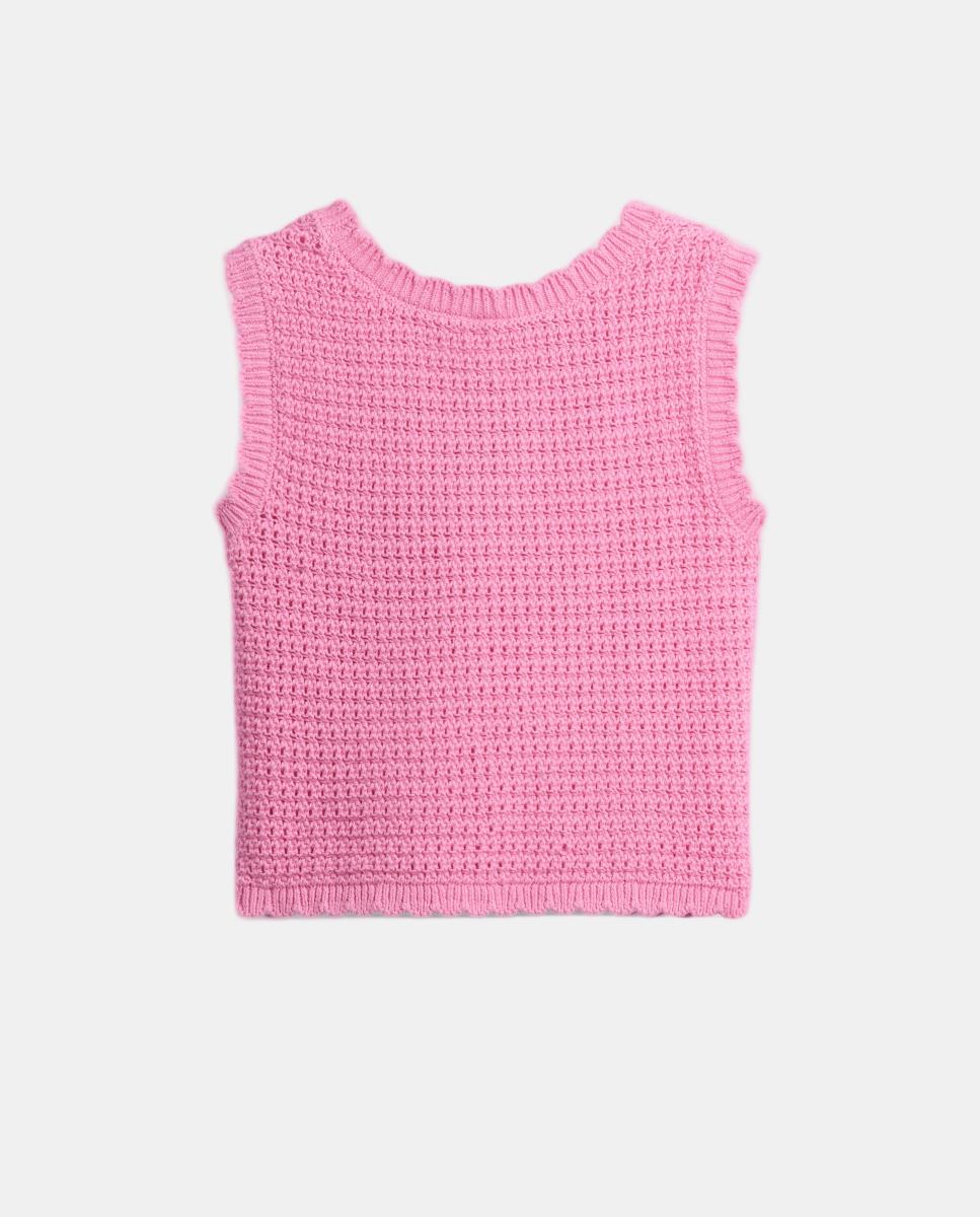 T-shirt de Bebé sem Mangas em Tecido de Tricot com Decote Redondo Rosa-2