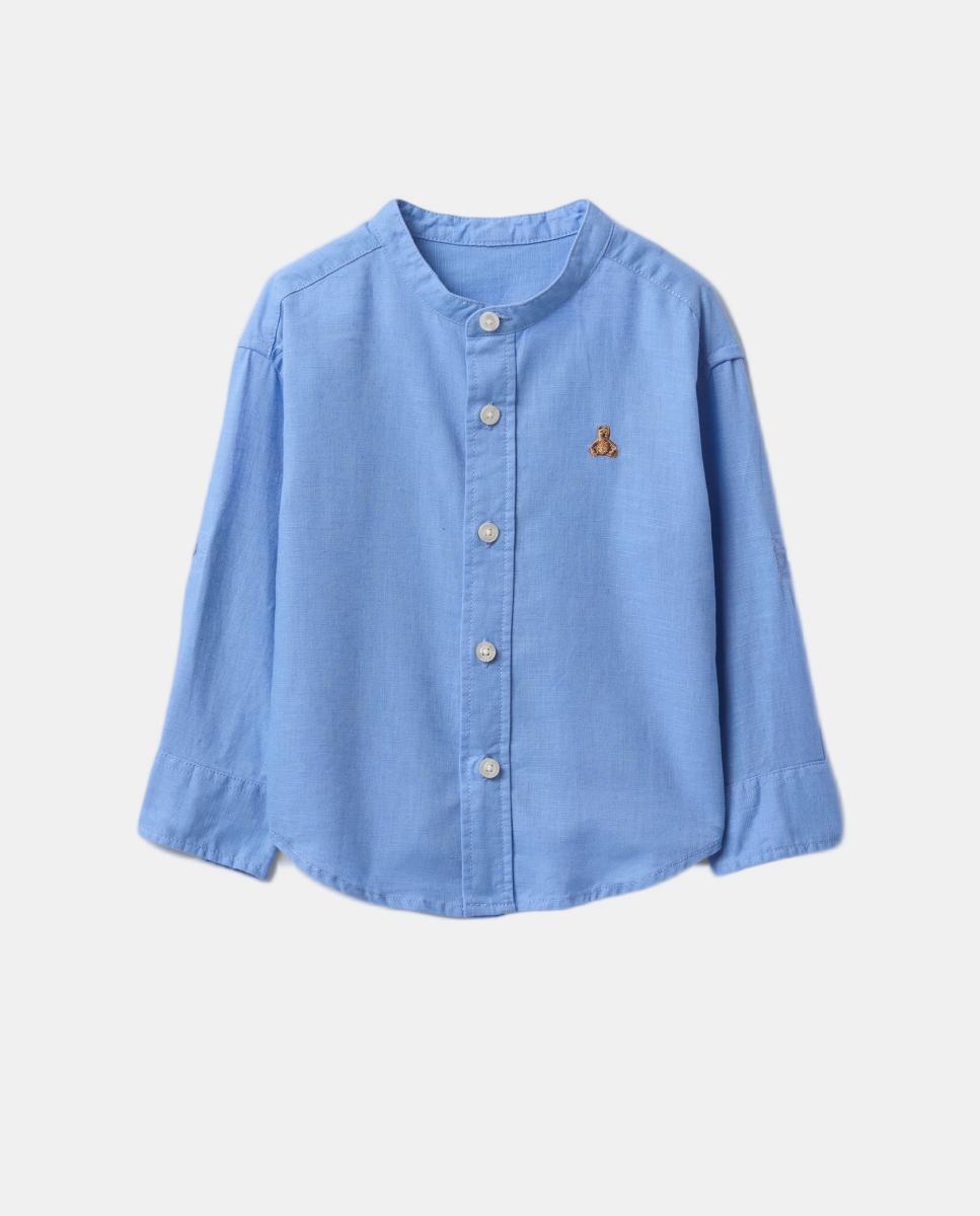 Camisa de Linho e Algodão de Bebé sem Colarinho e com Manga Comprida Gap Azul-1