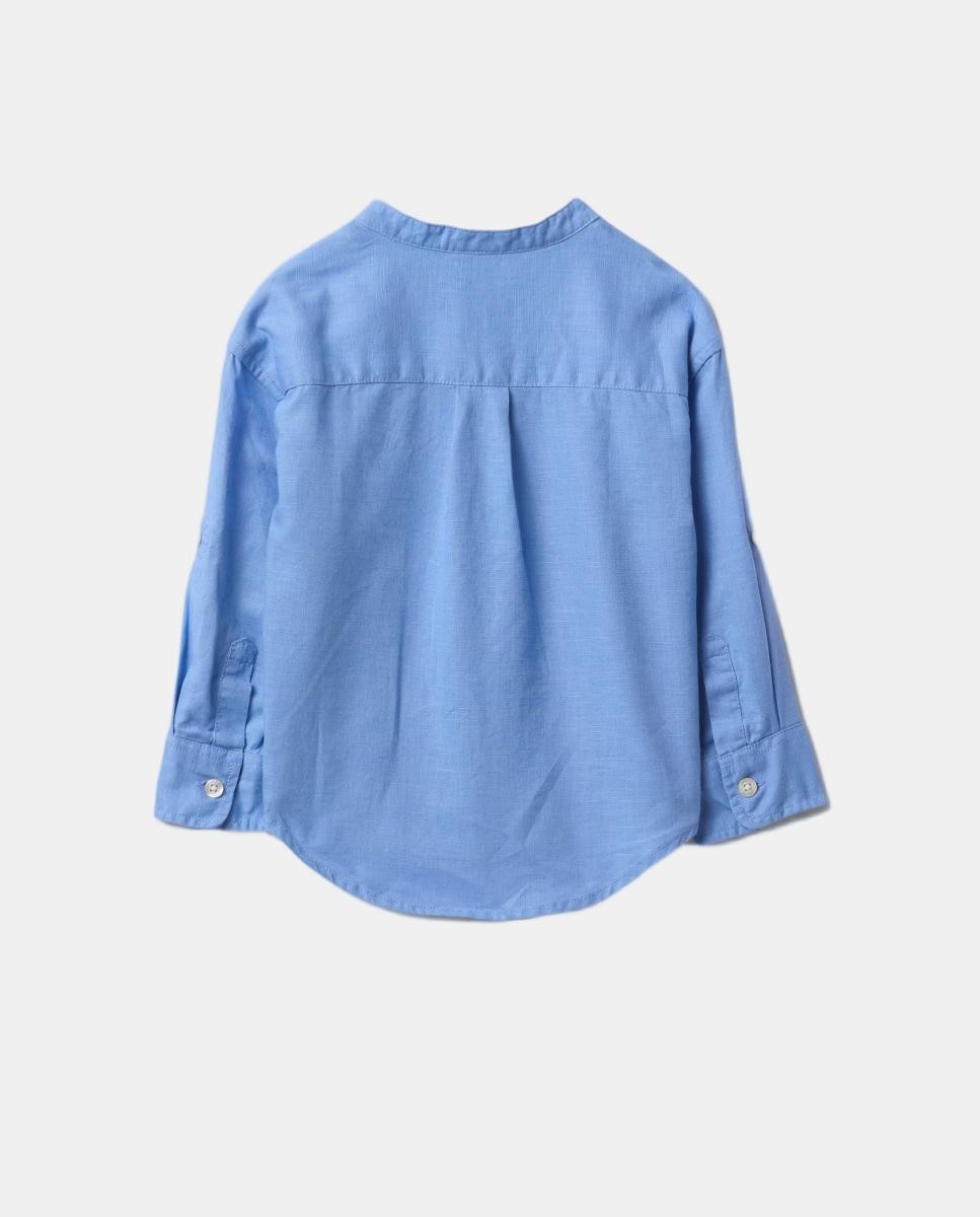 Camisa de Linho e Algodão de Bebé sem Colarinho e com Manga Comprida Gap Azul-2