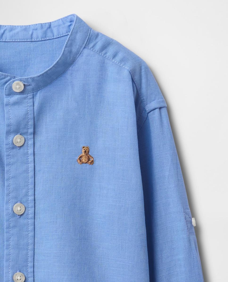 Camisa de Linho e Algodão de Bebé sem Colarinho e com Manga Comprida Gap Azul-3
