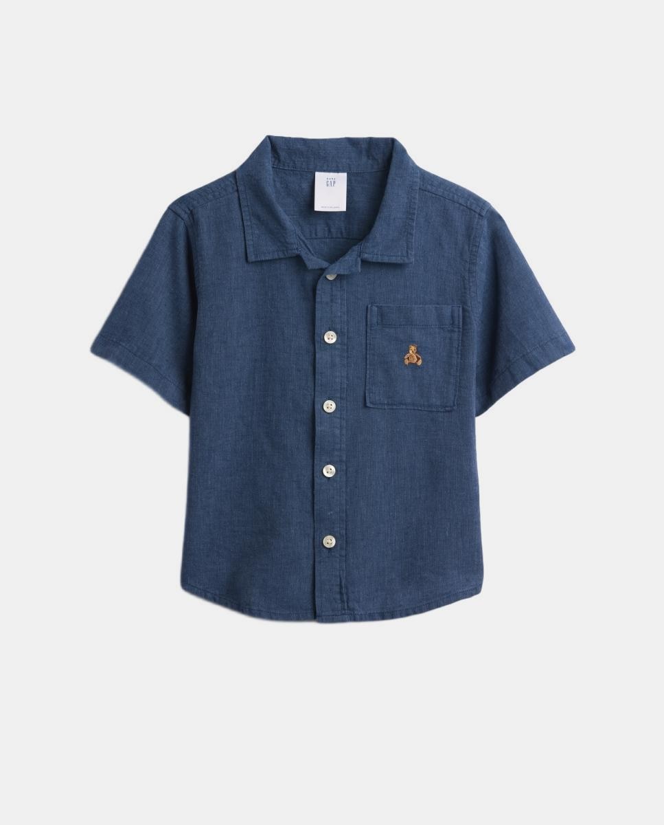 Camisa de linho Lisa de Bebé com Bordado Azul-2