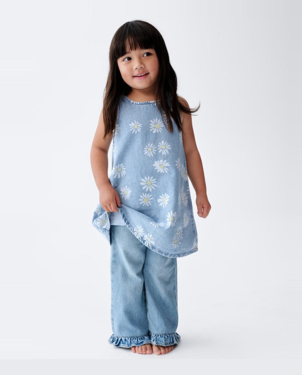 Vestido de Ganga Curto de Bebé com Estampado Floral de Margaridas Gap Azul-índigo-4