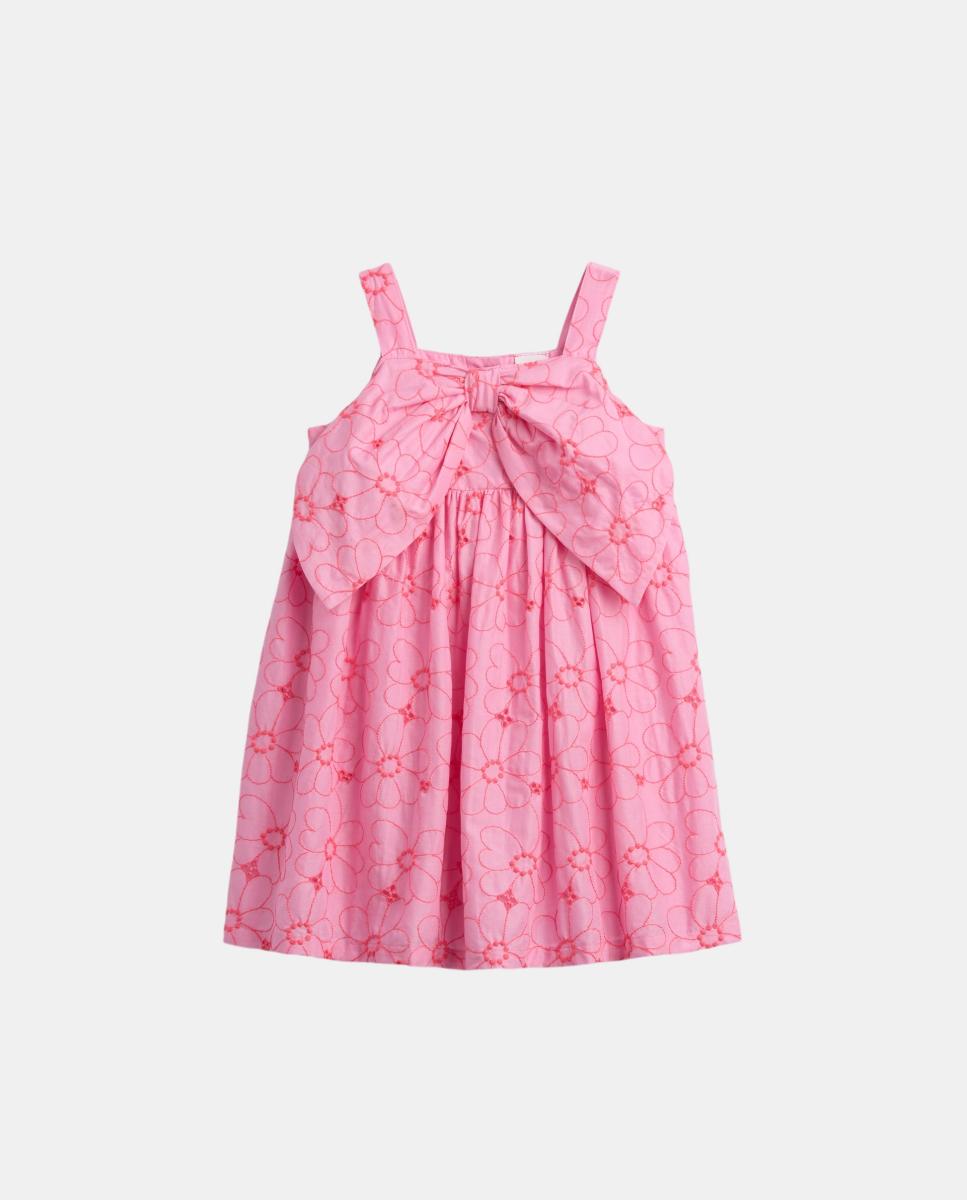 Vestido de Algodão de Bebé com Bordado e Laço Rosa-2