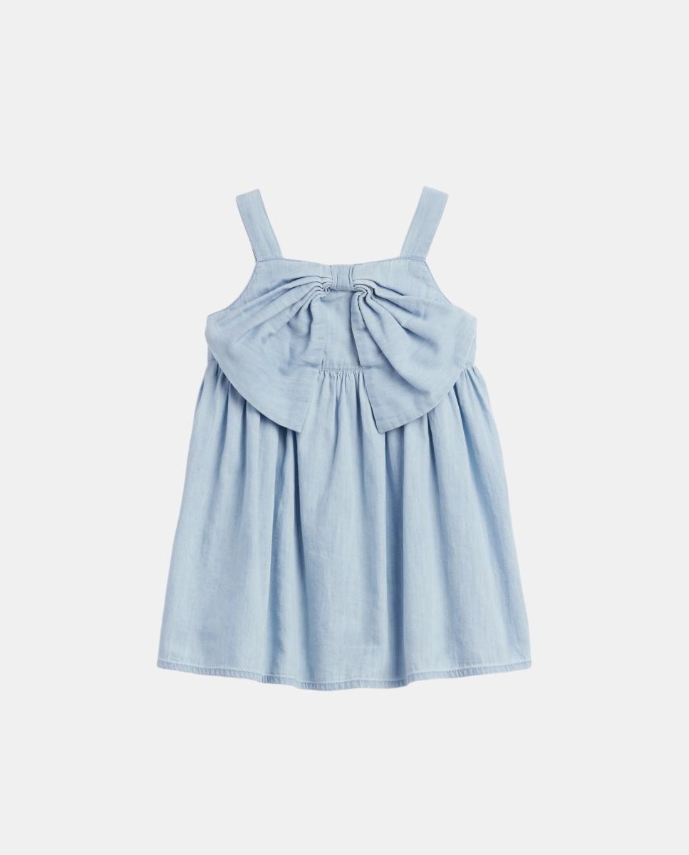 Vestido Curto de Ganga de Bebé com Laço Azul-claro-2