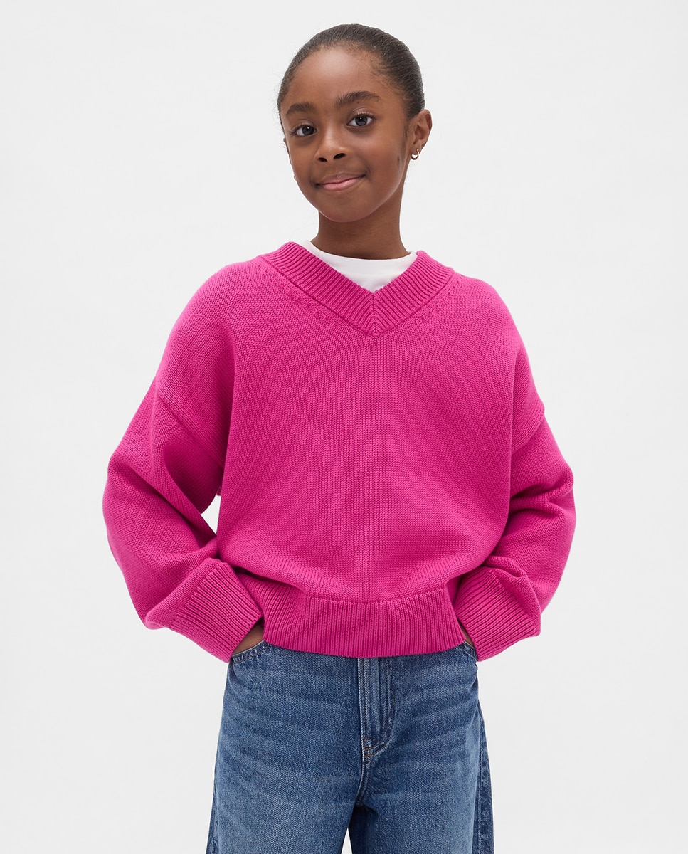 Camisola de Malha Básica com Decote em Bico Rosa-1