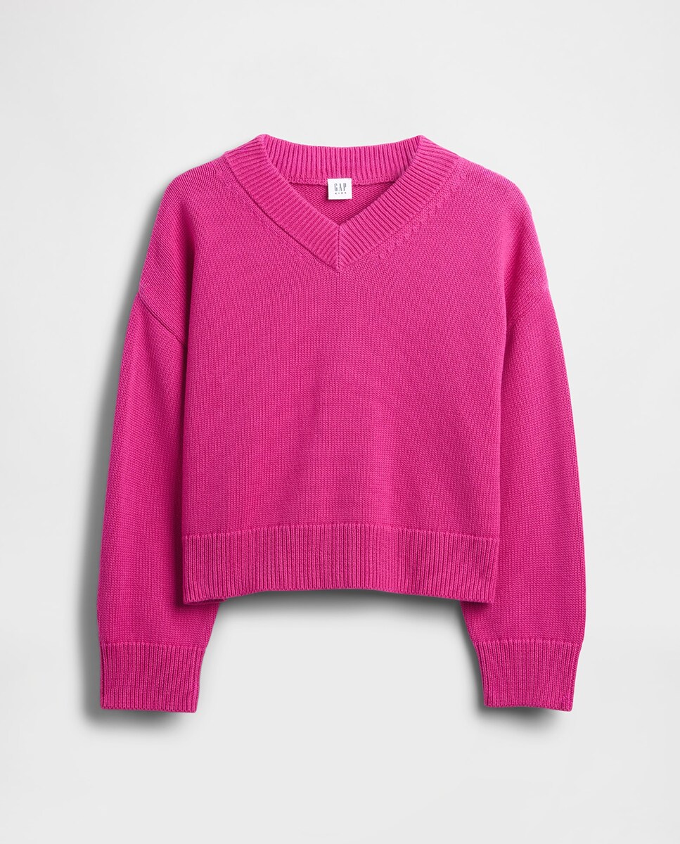 Camisola de Malha Básica com Decote em Bico Rosa-2