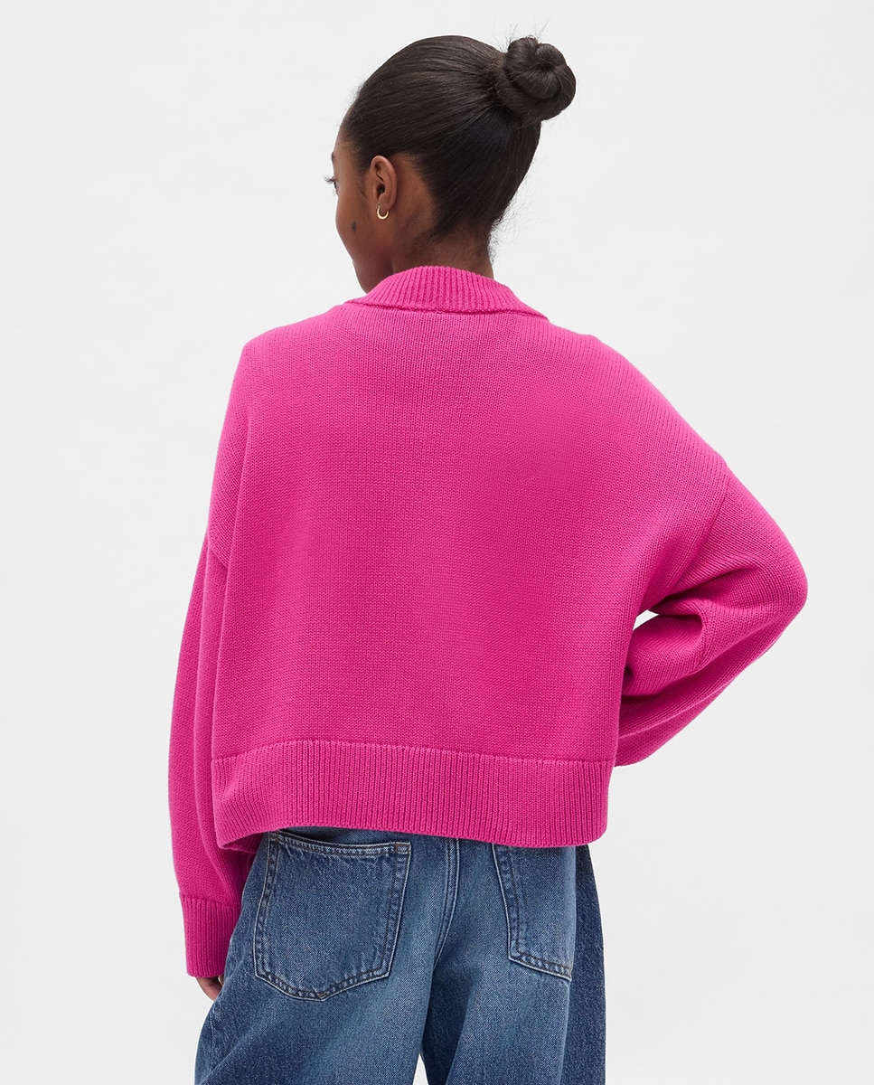 Camisola de Malha Básica com Decote em Bico Rosa-3