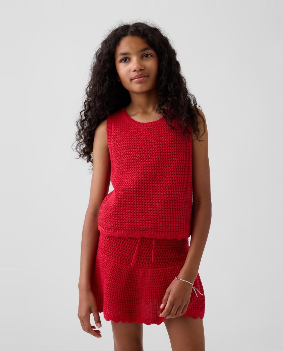 T-shirt sem Mangas de Crochet Vermelho-1