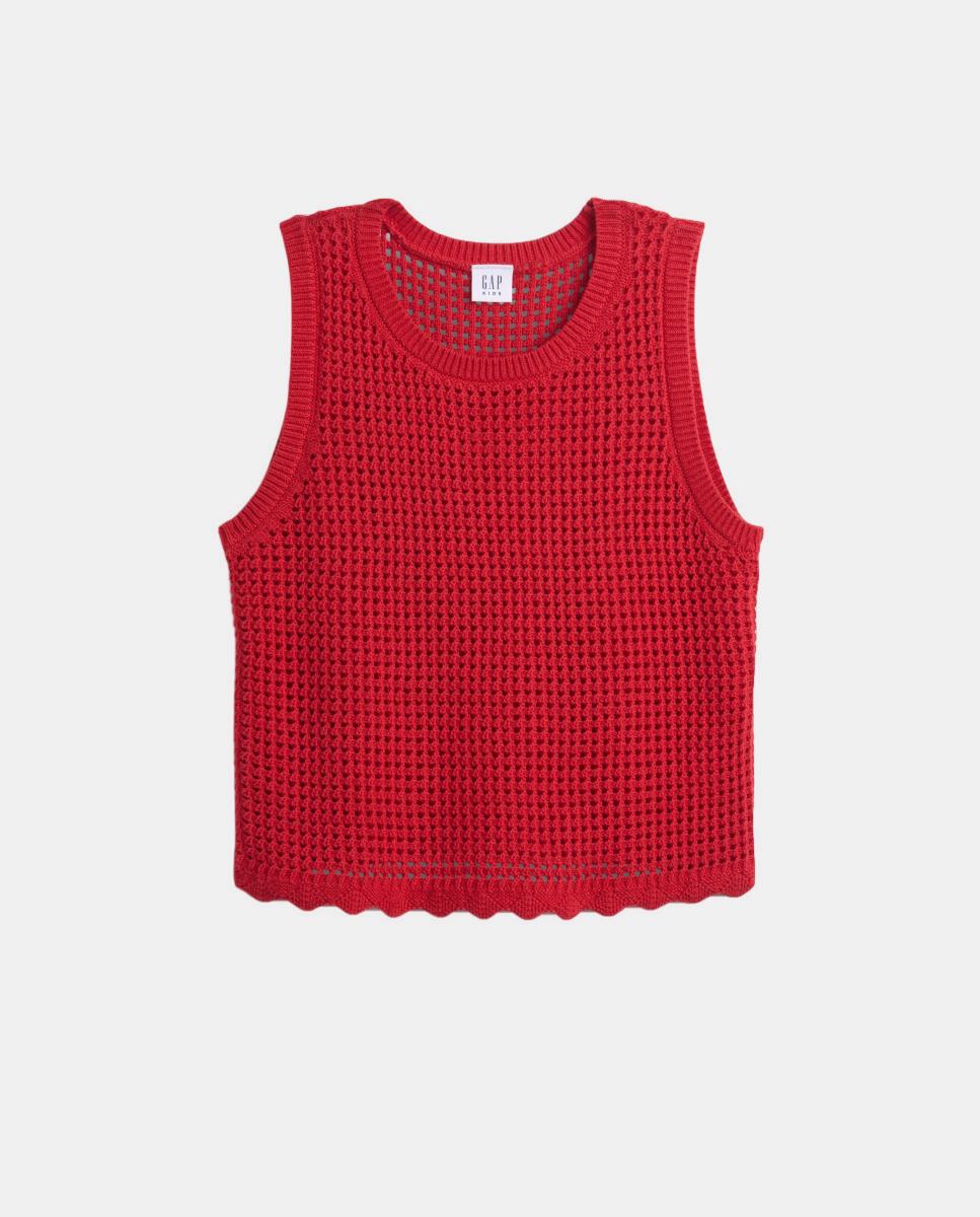 T-shirt sem Mangas de Crochet Vermelho-4