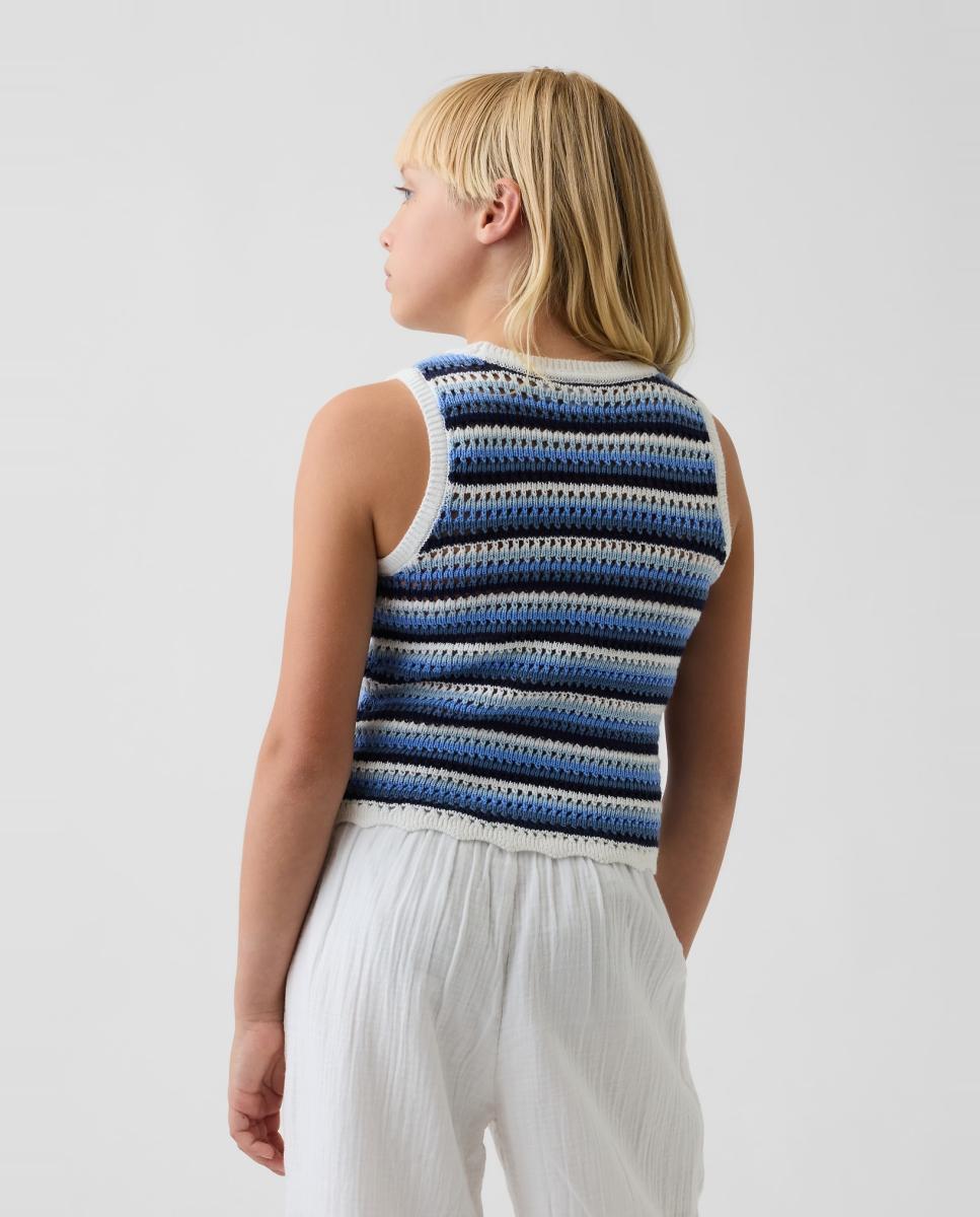 T-shirt sem Mangas em Tecido de Crochet Azul-2
