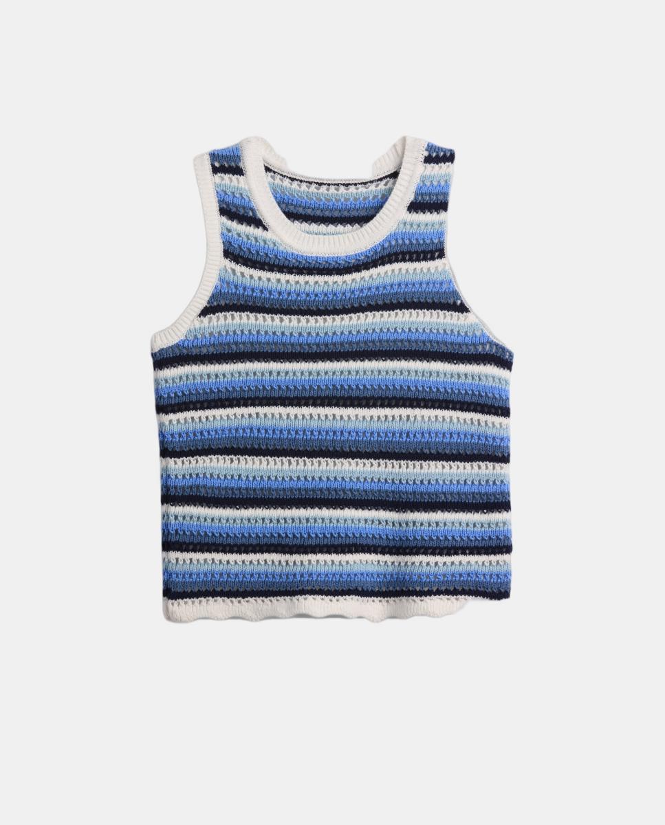 T-shirt sem Mangas em Tecido de Crochet Azul-4