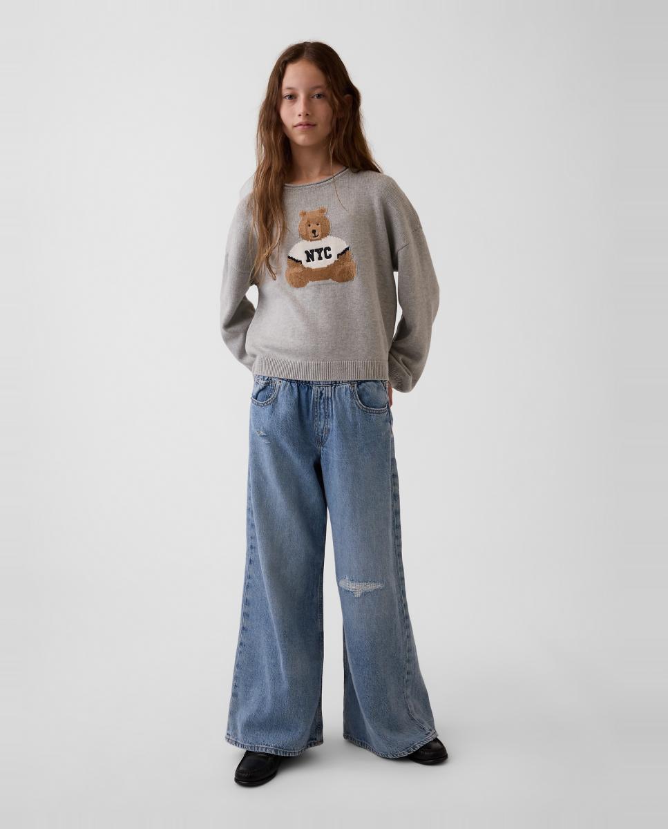 Camisola de Malha com Estampado à Frente Cinzento-4