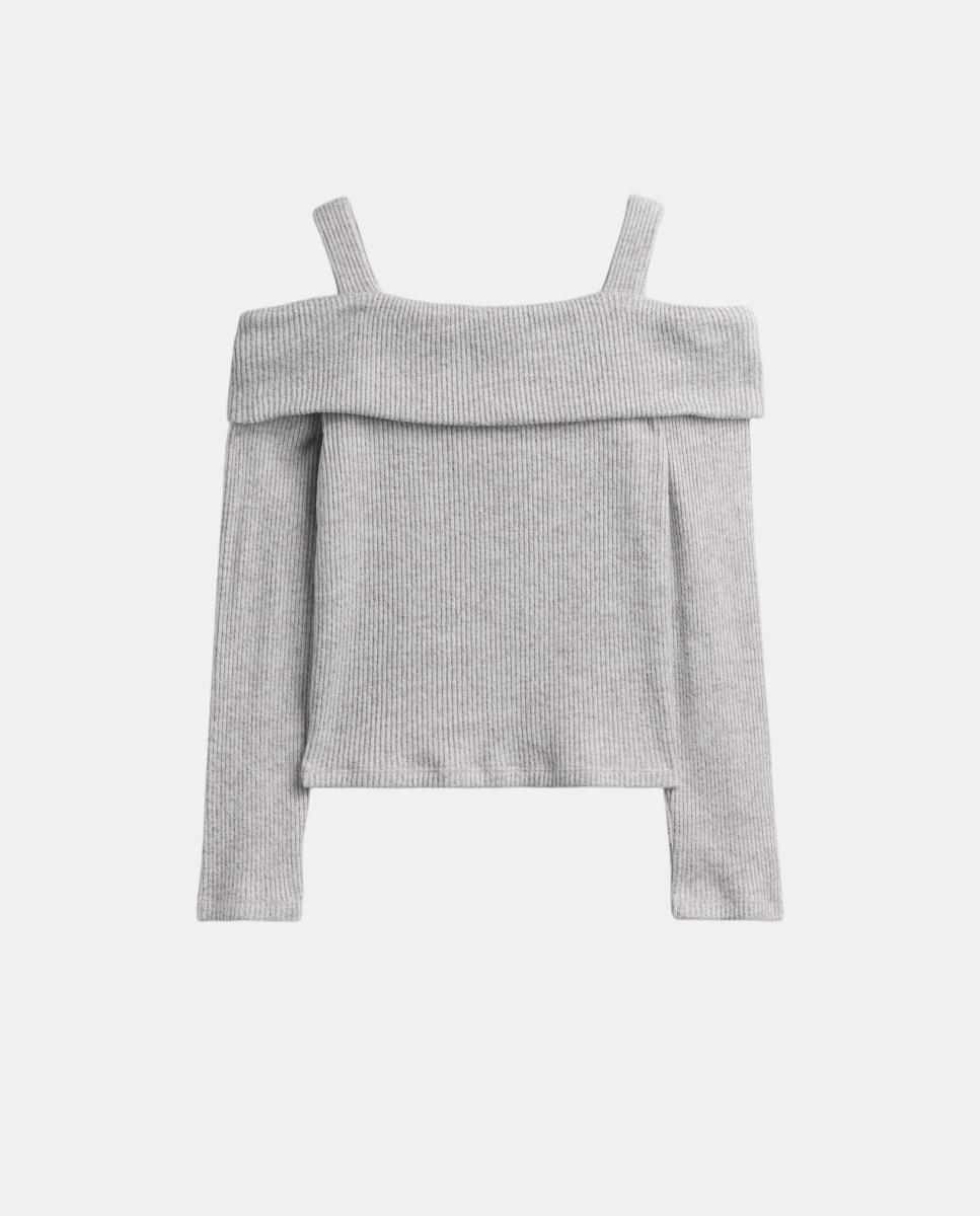 Camisola de Malha de Manga Comprida com Ombros Descobertos Cinzento-claro-3