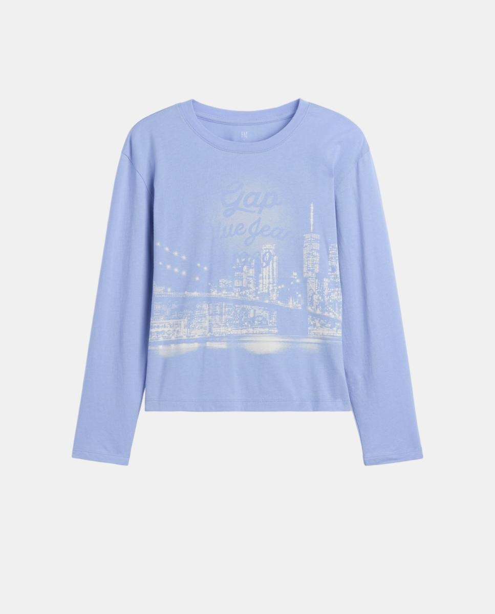 Camisola de Manga Comprida com Estampado à Frente Azul-2