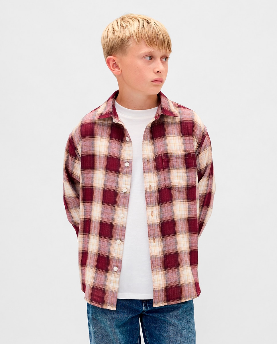 Camisa aos Quadrados Relaxed Fit Grená-1