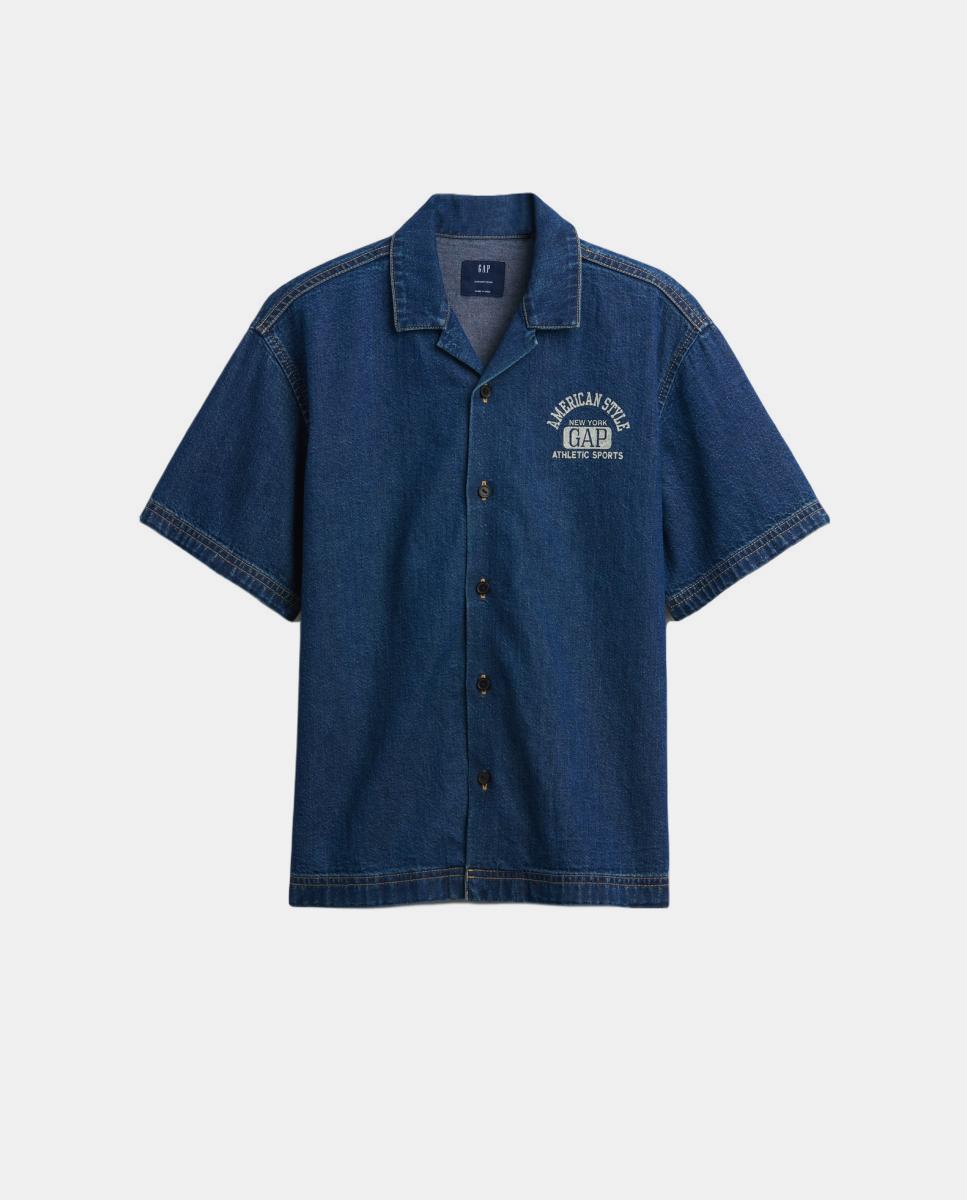 Camisa de Ganga com Manga Curta e Logótipo à Frente e Atrás Gap Azul-marinho-5