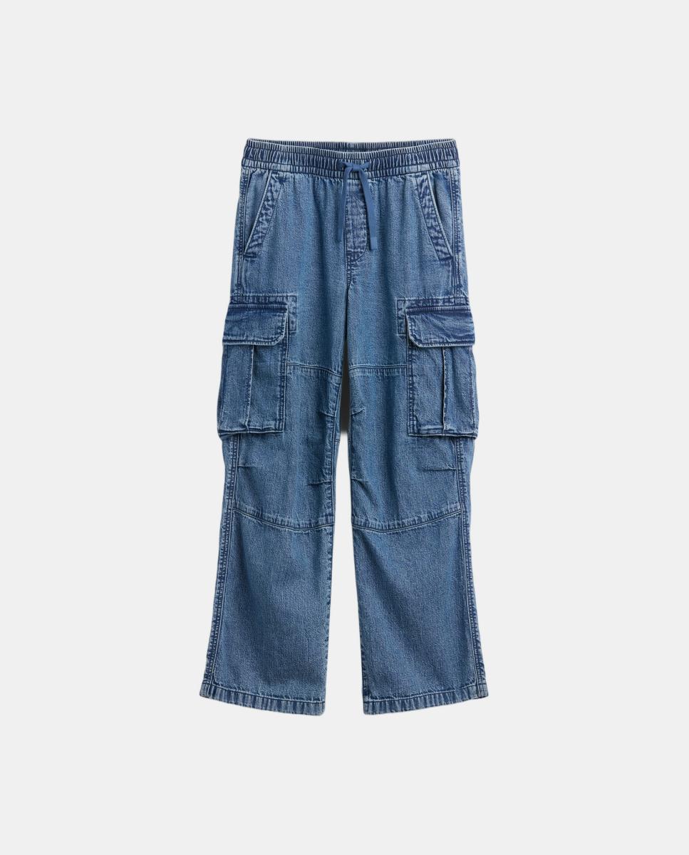 Jeans Cargo com Cintura Elástica e Atacadores Gap Azul-5